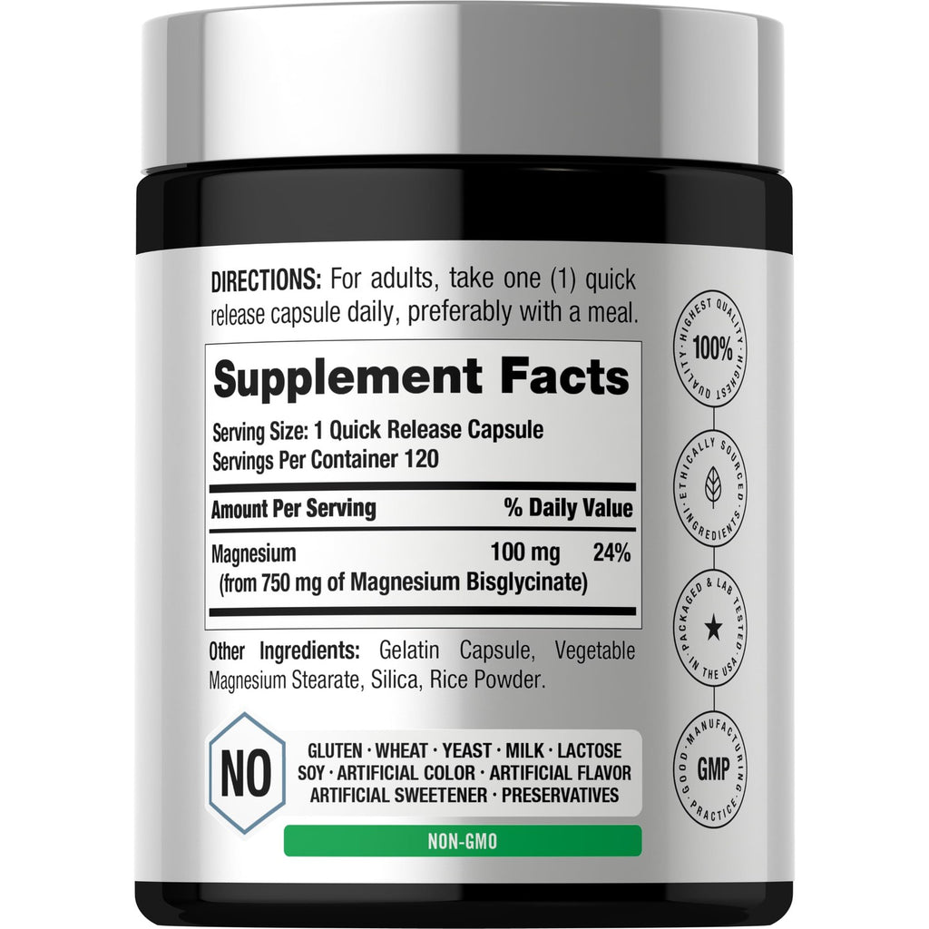 Horbäach Magnesium Bisglycinate | 120 Capsules | 750mg | Non-GMO and Gluten Free Supplement