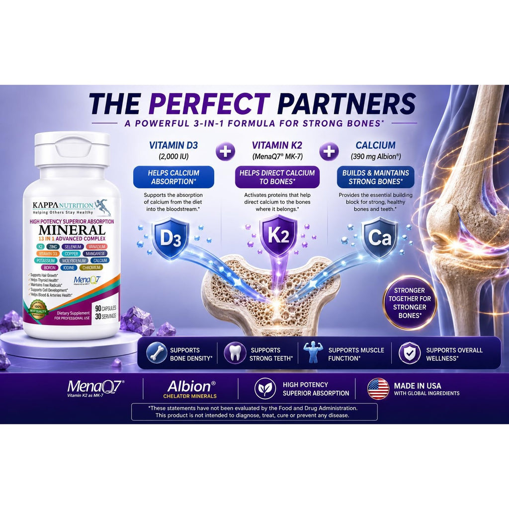 KAPPA NUTRITION Mineral 13 in 1 Advanced Complex with Albion® Chelated Minerals & MenaQ7® MK-7 Vitamin K2 | Calcium, Zinc, Selenium, Chromium, Iodine & Trace Minerals | 90 Vegan Capsules
