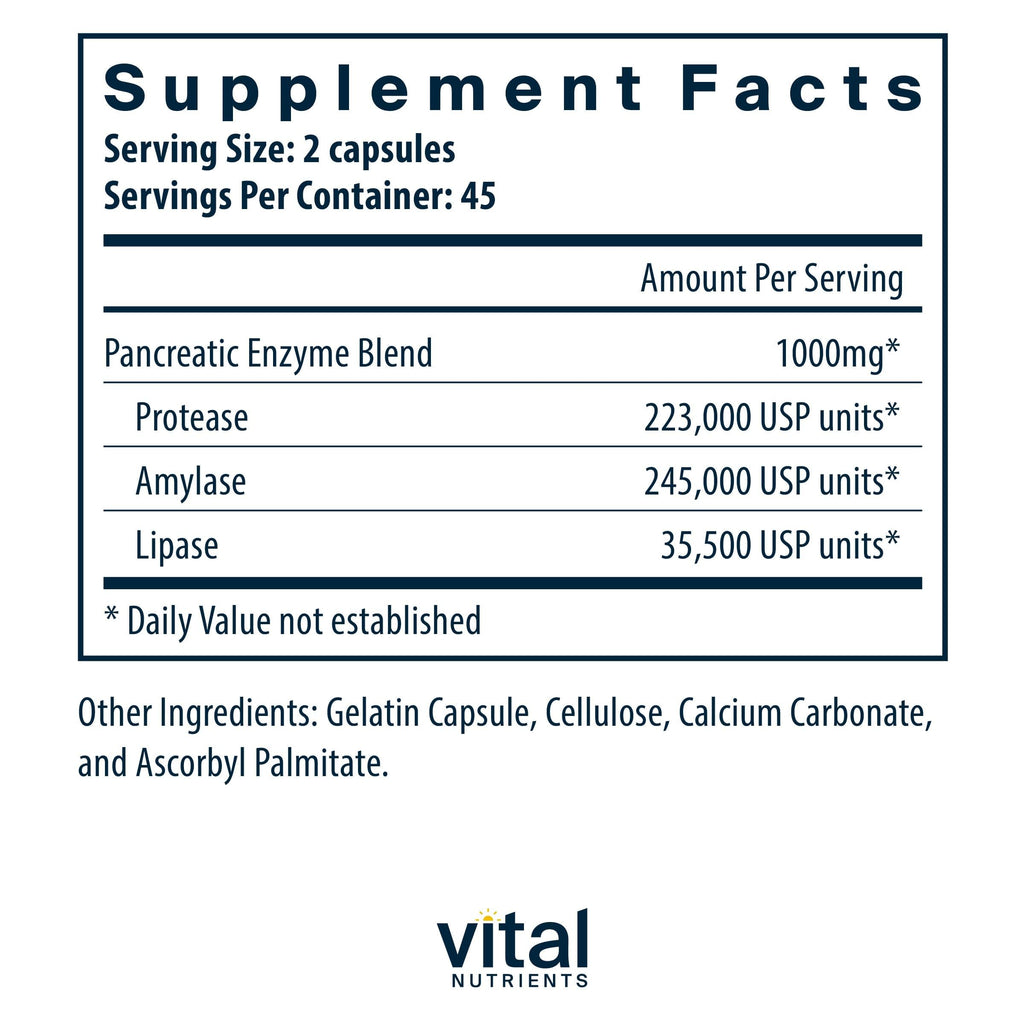 Vital Nutrients Pancreatic Enzymes 1000mg (Full Strength) - Pancreatin Digestion Supplement with Protease, Amylase & Lipase - Digestive Enzymes - Gluten, Dairy, and Soy Free - 90 Capsules