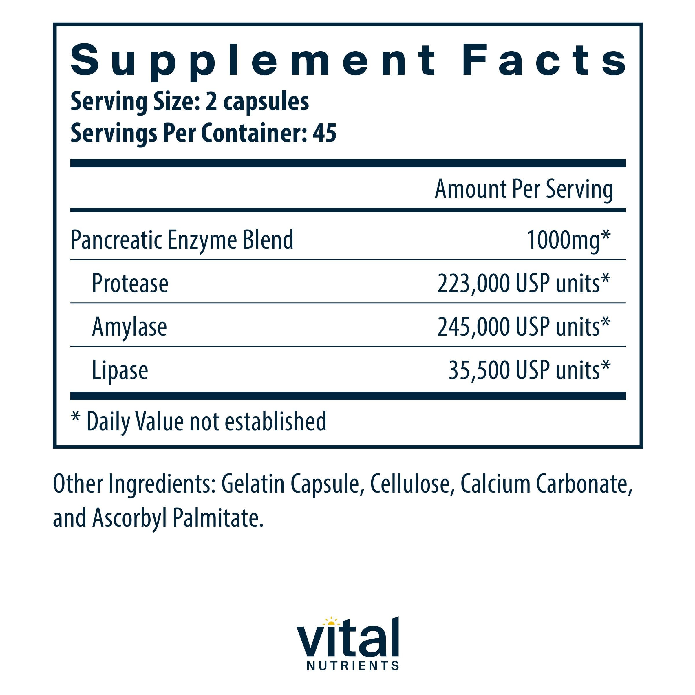 Vital Nutrients Pancreatic Enzymes 1000mg (Full Strength) - Pancreatin Digestion Supplement with Protease, Amylase & Lipase - Digestive Enzymes - Gluten, Dairy, and Soy Free - 90 Capsules