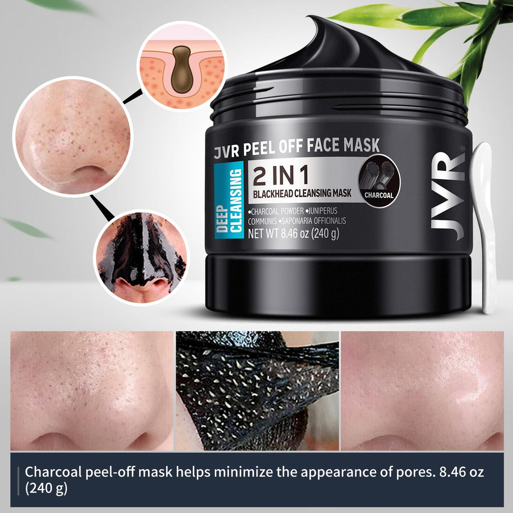 JVR Peel Off Face Mask, Charcoal Peel Off Black Mask, Facial Mask for Surface Cleansing For Men & Women, All Skin Types, 8.46 oz (240 g)