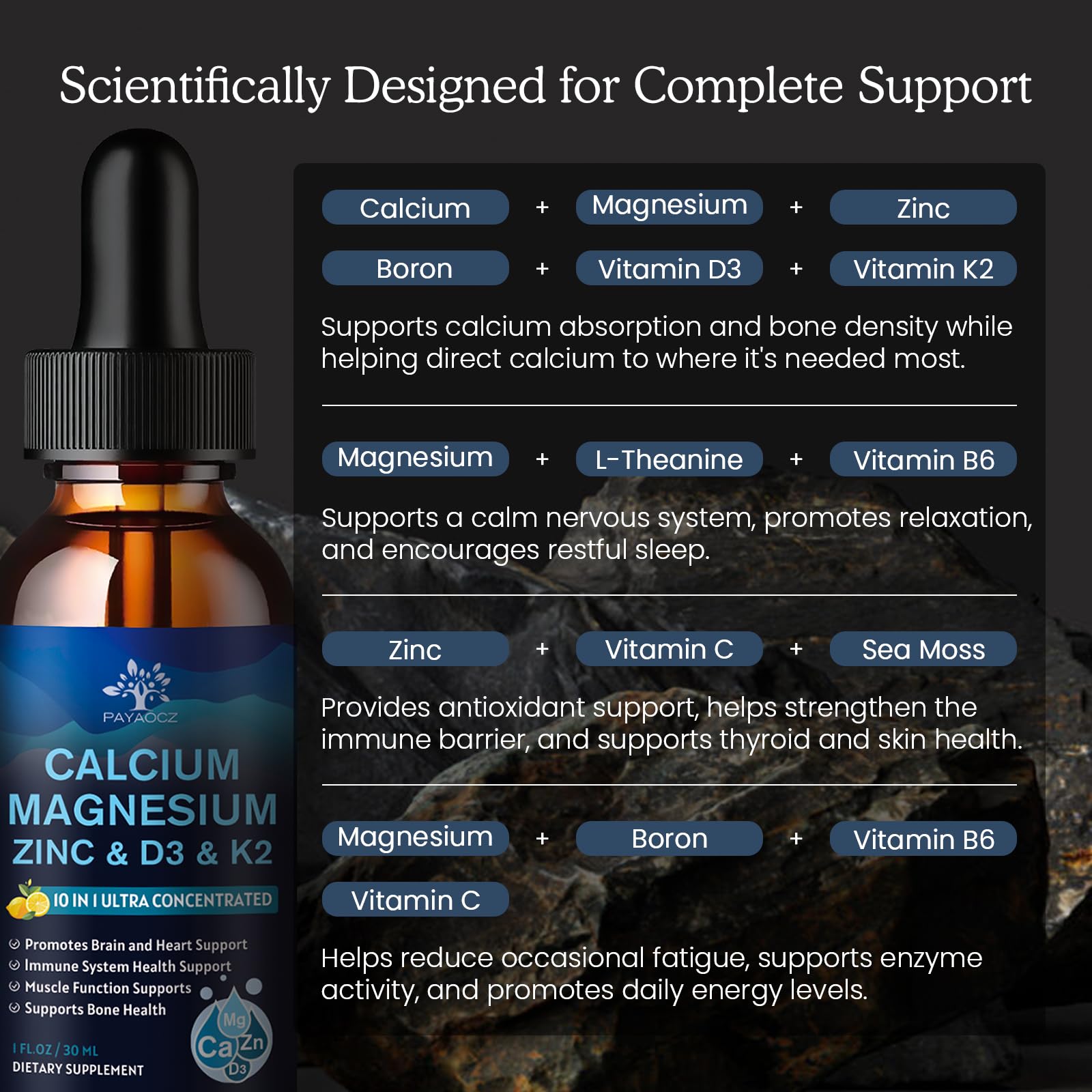 (2 Pack) 10 in 1 Magnesium Calcium Zinc Supplement with Vitamin C D3 K2, Glycinate Mag Vegan Liquid Drops Plus L-Theanine Boron Sea Moss Extract, Immune Support, Bone, Sleep & Leg Cramps, 1 Fl Oz