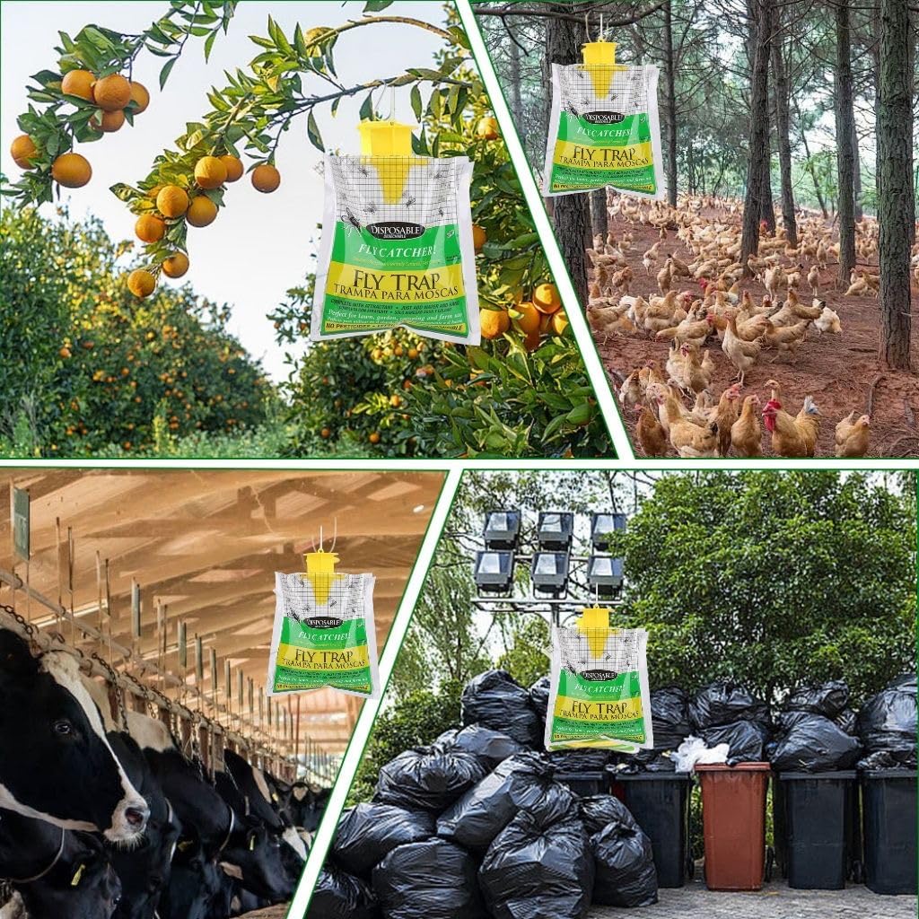 8-Pack Hanging Fly Trap Set with Disposable Bags; Includes Bait, Non-Toxic; Ideal for Backyards, Farms, Barns, Patios, and Gardens