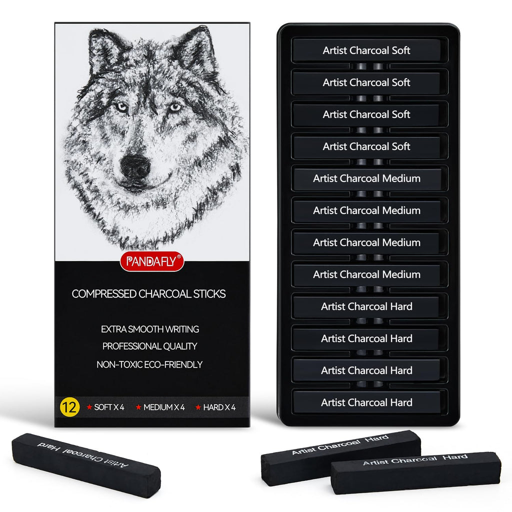 PANDAFLY Compressed Charcoal Sticks, 12 Pack, Soft Medium & Hard