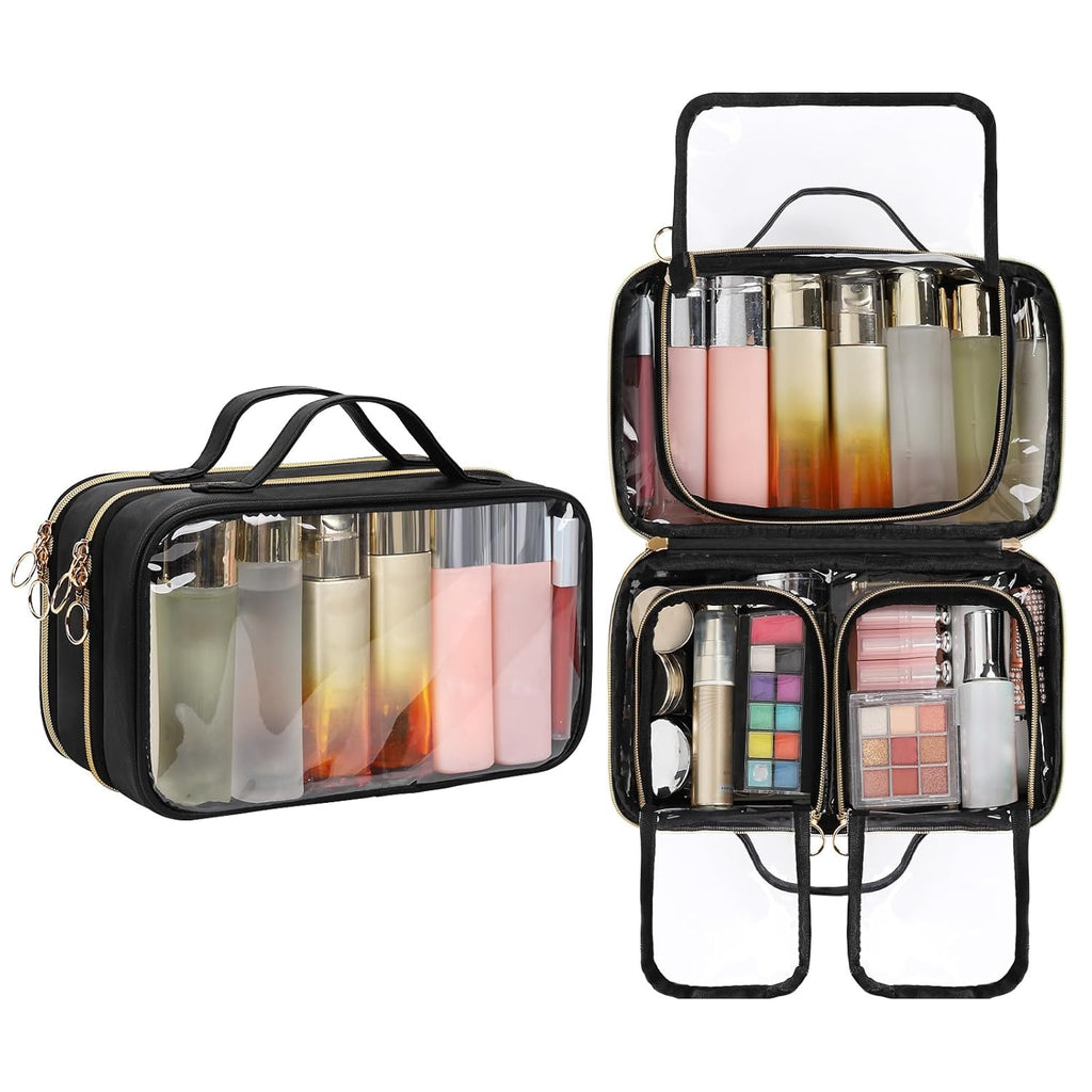Buy now OCHEAL Makeup Bag, Double Layer Cosmetic Bag, Large Capacity New Look Clear Cosmetic Case for Women Travel Beauty Essentials, Multiple Compartments Makeup Case Organizer Zipper Pouch -Black X_Large Black at indiglob india