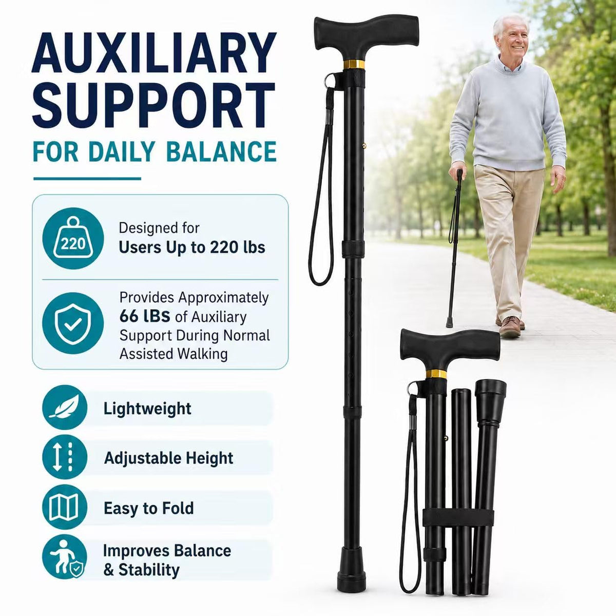 Folding Cane, Walking Poles with Adjustable Height, Canes for Men, Women and for The Elderly, Aids for People WithLlimited Mobility(Black)