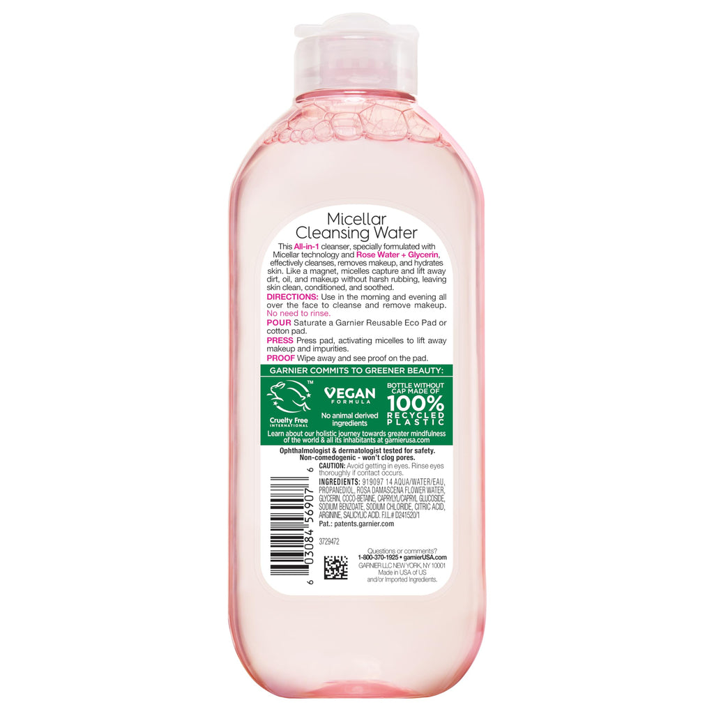 Garnier Micellar Water with Rose Water and Glycerin, Hydrating Facial Cleanser & Makeup Remover, For All Skin Types, Vegan, Cruelty Free, 13.5 Fl Oz (400mL), 1 Count