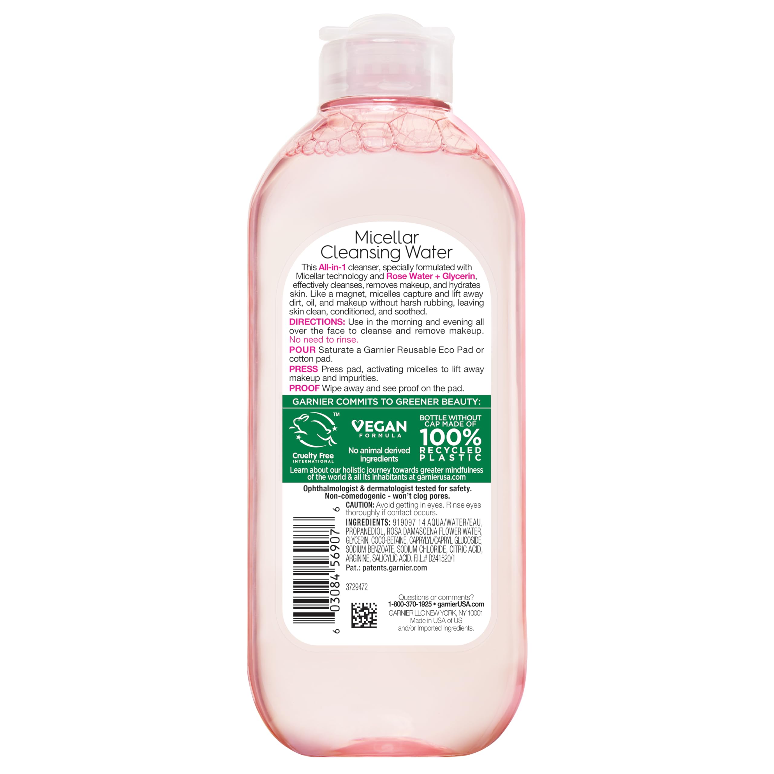 Garnier Micellar Water with Rose Water and Glycerin, Hydrating Facial Cleanser & Makeup Remover, For All Skin Types, Vegan, Cruelty Free, 13.5 Fl Oz (400mL), 1 Count