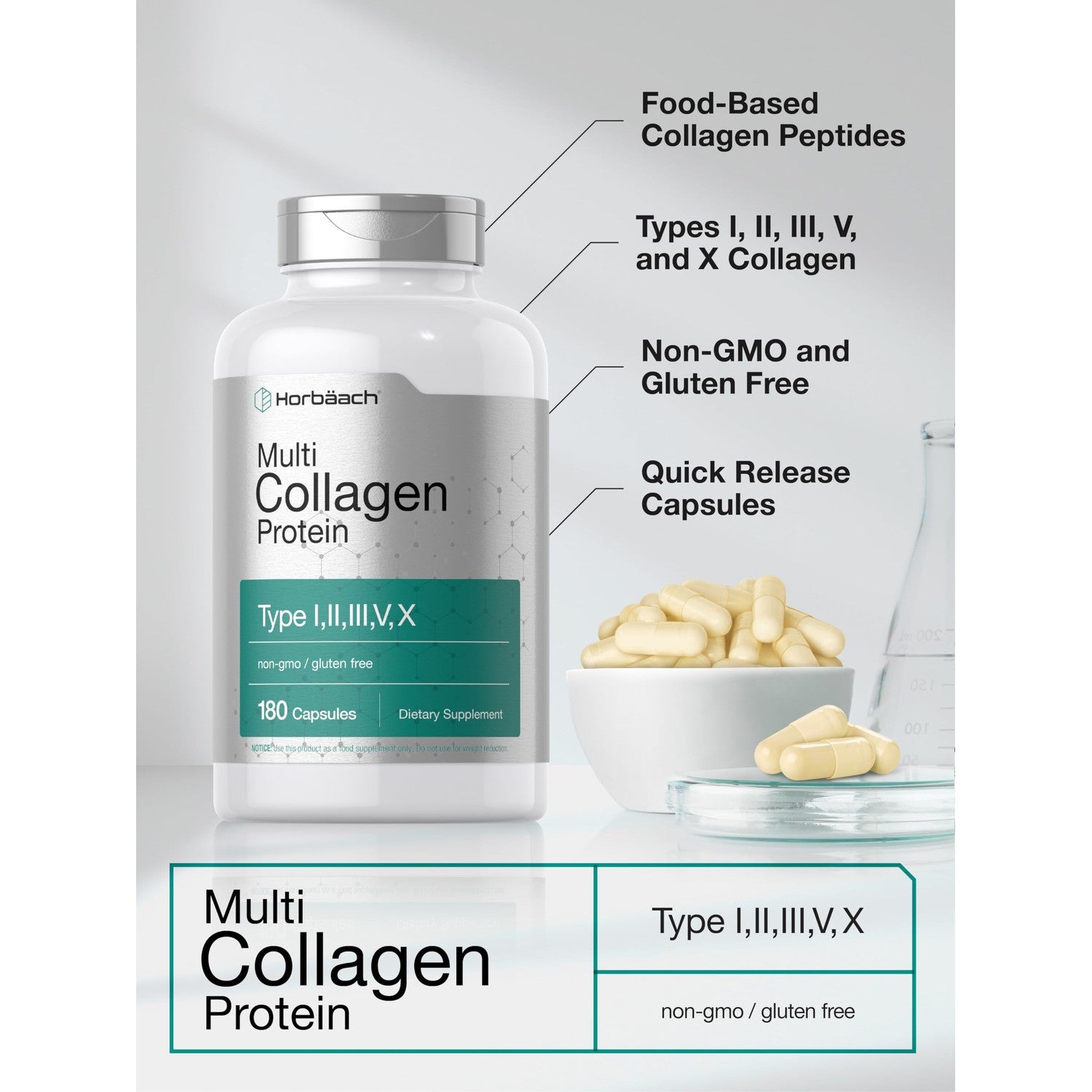 Horbäach Multi Collagen Protein 2000 mg | 180 Capsules | Type I, II, III, V, X | Keto & Paleo Friendly | Non-GMO, Gluten Free Supplement