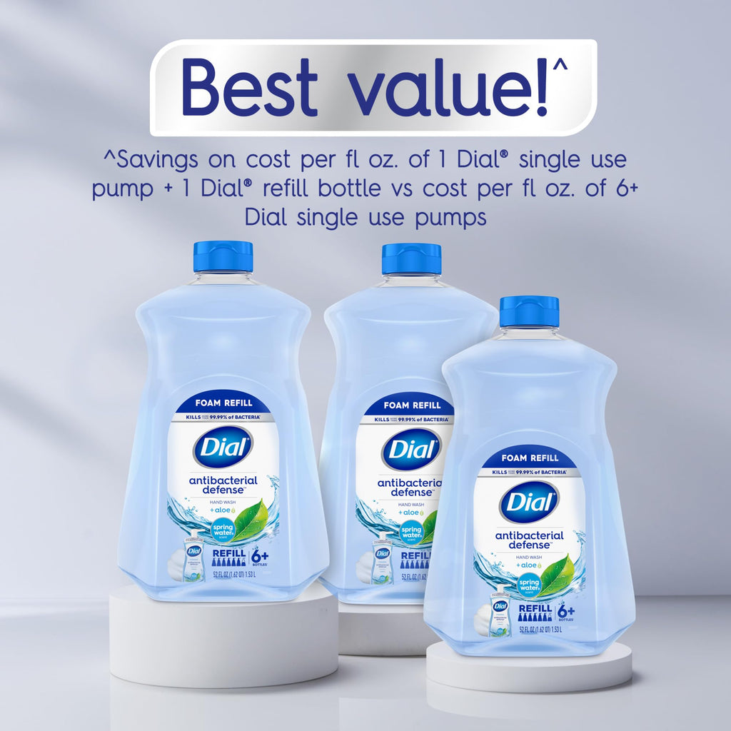 Dial Antibacterial Defense Foaming Hand Soap Refill, Spring Water, 52 Fl Oz | With aloe vera, dermatologist-tested, gentle on skin, free from parabens and SLS and SLES, moisturizing formula