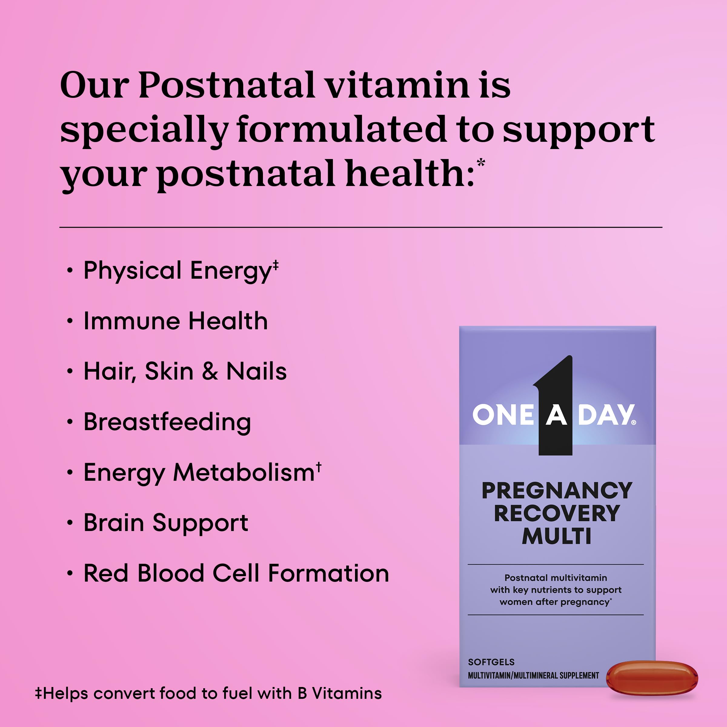 One A Day Postnatal Vitamins for Women, Postnatal Multivitamin with Folic Acid, Omega-3 DHA, B Vitamins, Support Immune Health, Breastfeeding, Post Partum Essential Nutrients for Women, 60 Ct