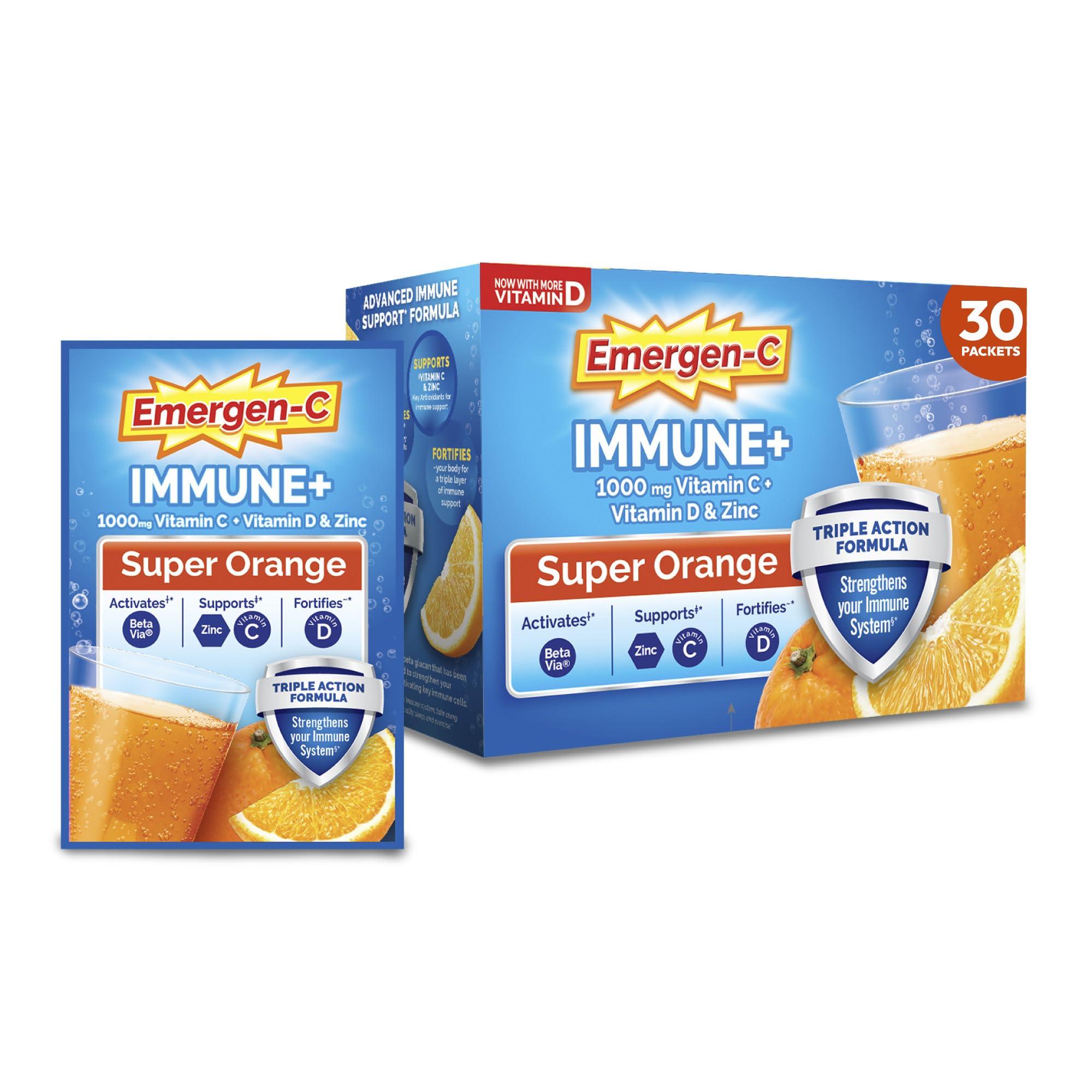 Emergen-C Immune+ Triple Action Immune Support Powder, Super Orange, 30 ct | With BetaVia (R), 1000mg Vitamin C, B Vitamins, Vitamin D and Antioxidants, Super Orange, Back to School Essentials
