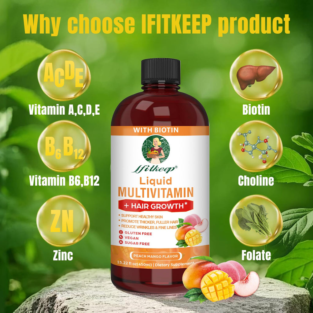 Liquid Multivitamin for Hair Growth | Biotin 10000mcg | Hair & Skin Support Supplement | Clinically Tested for Thicker Hair & Skin Elasticity | Suitable for Women & Men, Ages 18+ | 15.22 Fl Oz (2)