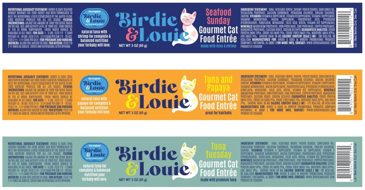 Birdie & Louie Wet Cat Food Variety Pack 30 Count, with 5 Different Proteins | Tuna, Shrimp, Chicken, Beef, Lamb | Flakes in Broth, and Pate | 6 Cans, 5 Different Flavors | 30 Cans