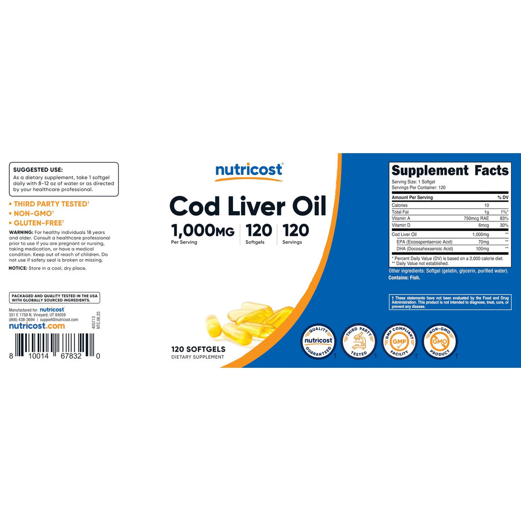 Nutricost Cod Liver Oil 1000mg, 120 Softgels - Non-GMO & Gluten Free