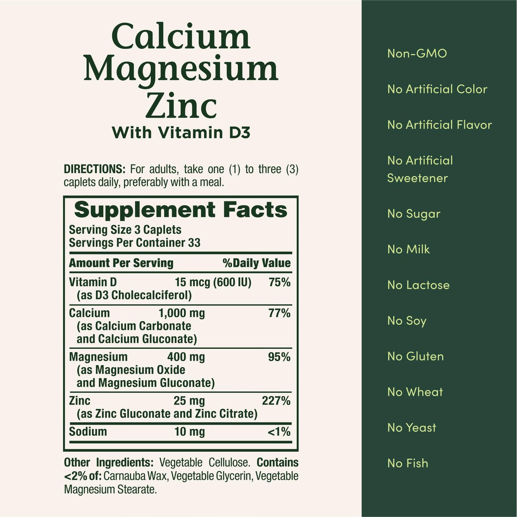 Nature's Bounty Calcium Magnesium & Zinc Caplets, 100 Count