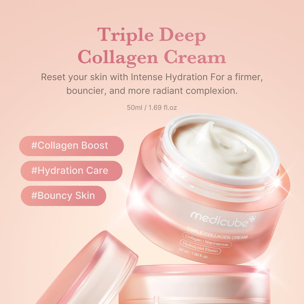 medicube Triple Collagen Cream for Hydrating & Firming | Moisturizer with Hyaluronic Acid, Premium Elastin, Shea Butter - Wrinkle Care & Boosts Elasticity, Korean Skincare, 1.69 oz