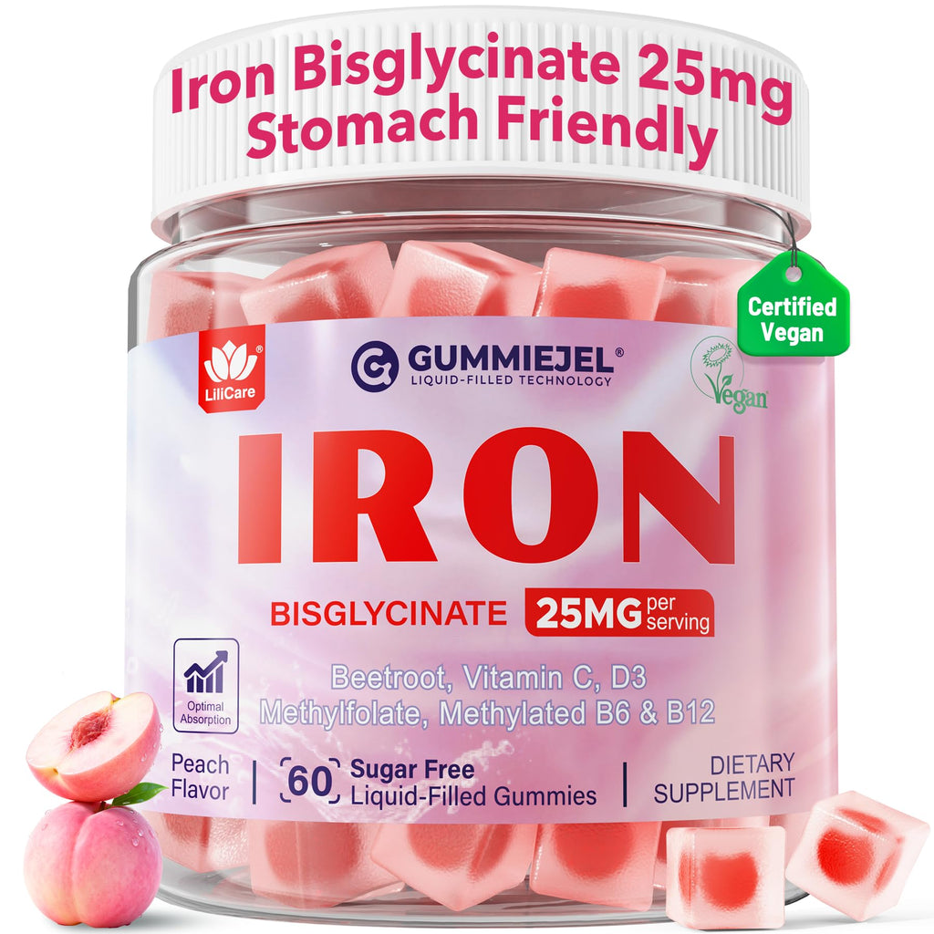 Iron Gummies for Women 25mg Plus Vitamin C, Beet Root, Vitamin B12, Folate for Iron Deficiency, Anemia, Energy Boost, Sugar Free Iron Supplement, Non-Constipating, No After Taste, 60 Cts