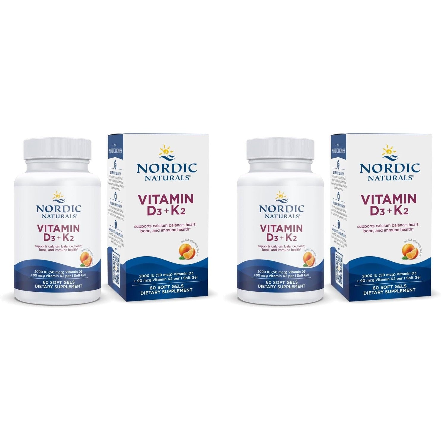 Nordic Naturals Vitamin D3 + K2, 2000 IU D3, Orange - 60 Softgels | Bone Health. Immune Support. Calcium Balance. Synergistic D3 + K2. Non-GMO. Plant-Based K2 MK-7. Orange Flavor Softgels.