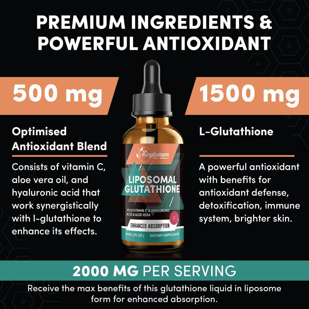 2000MG Liposomal Glutathione Liquid Drops, Ultra High Absorption, Natural Detoxification, Immune System & Skin Support*, L-Glutathione, Vitamin C & Hyaluronic Acid, Capsules Alternative, 2.02 OZ