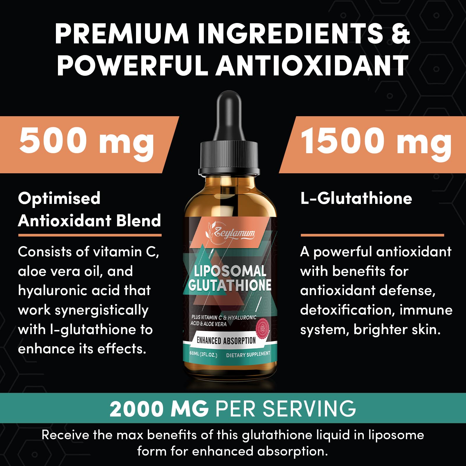 2000MG Liposomal Glutathione Liquid Drops, Ultra High Absorption, Natural Detoxification, Immune System & Skin Support*, L-Glutathione, Vitamin C & Hyaluronic Acid, Capsules Alternative, 2.02 OZ