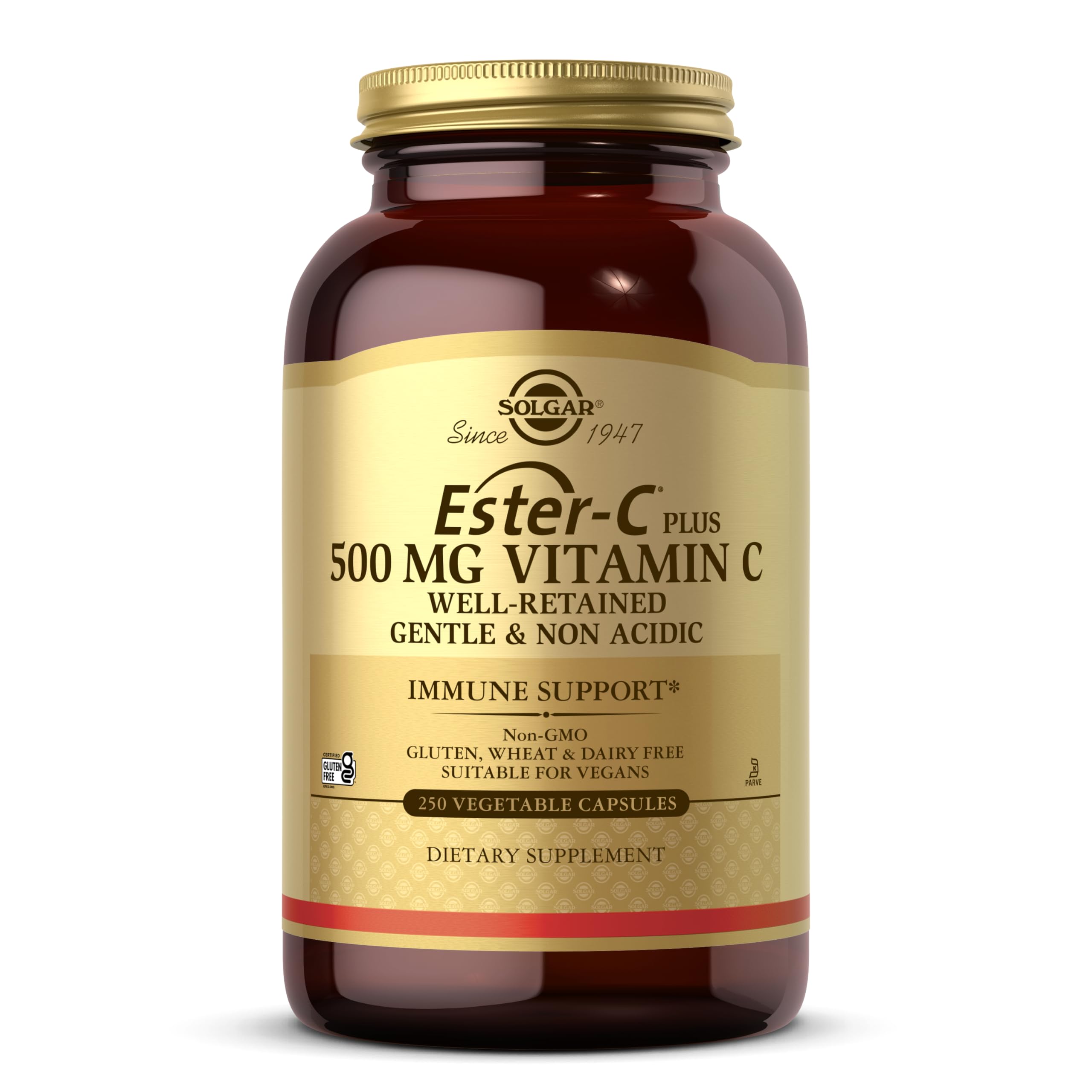 Solgar Ester-C Plus 500 mg Vitamin C (Ascorbate Complex), 250 Servings | Gentle & Non Acidic, Antioxidant & Immune Support - Non GMO, Vegan, Gluten Free, Kosher - 250 Vegetable Capsules