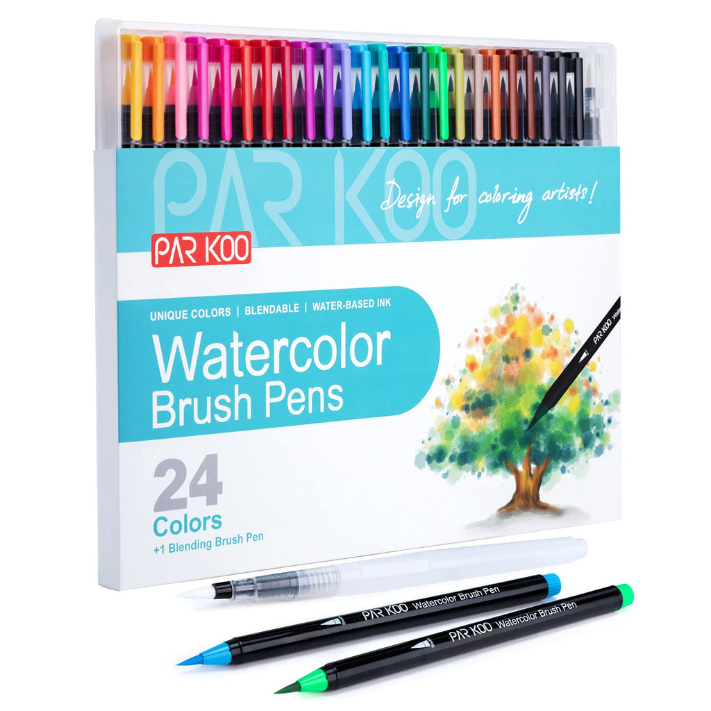 ParKoo Watercolor Brush Pens, 24 Colors Flexible Real Nylon Brush Tip Pens