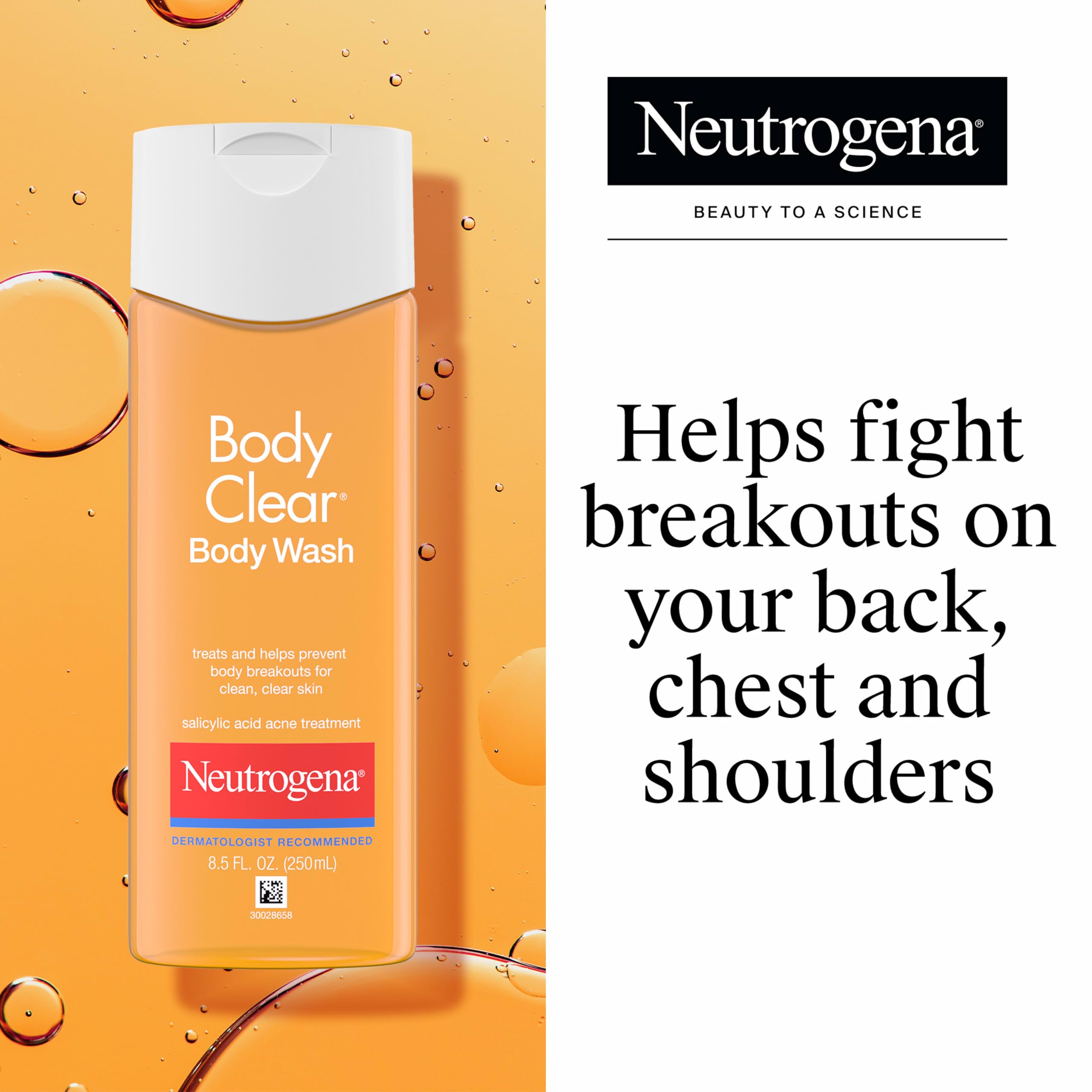 Neutrogena Body Clear Acne Body Wash, 3 x 8.5 fl oz | 2% Salicylic Acid & Glucerin, Oil Free, Breakouts on Back Chest & Shoulders, Non-Comedogenic, Gentle on Skin
