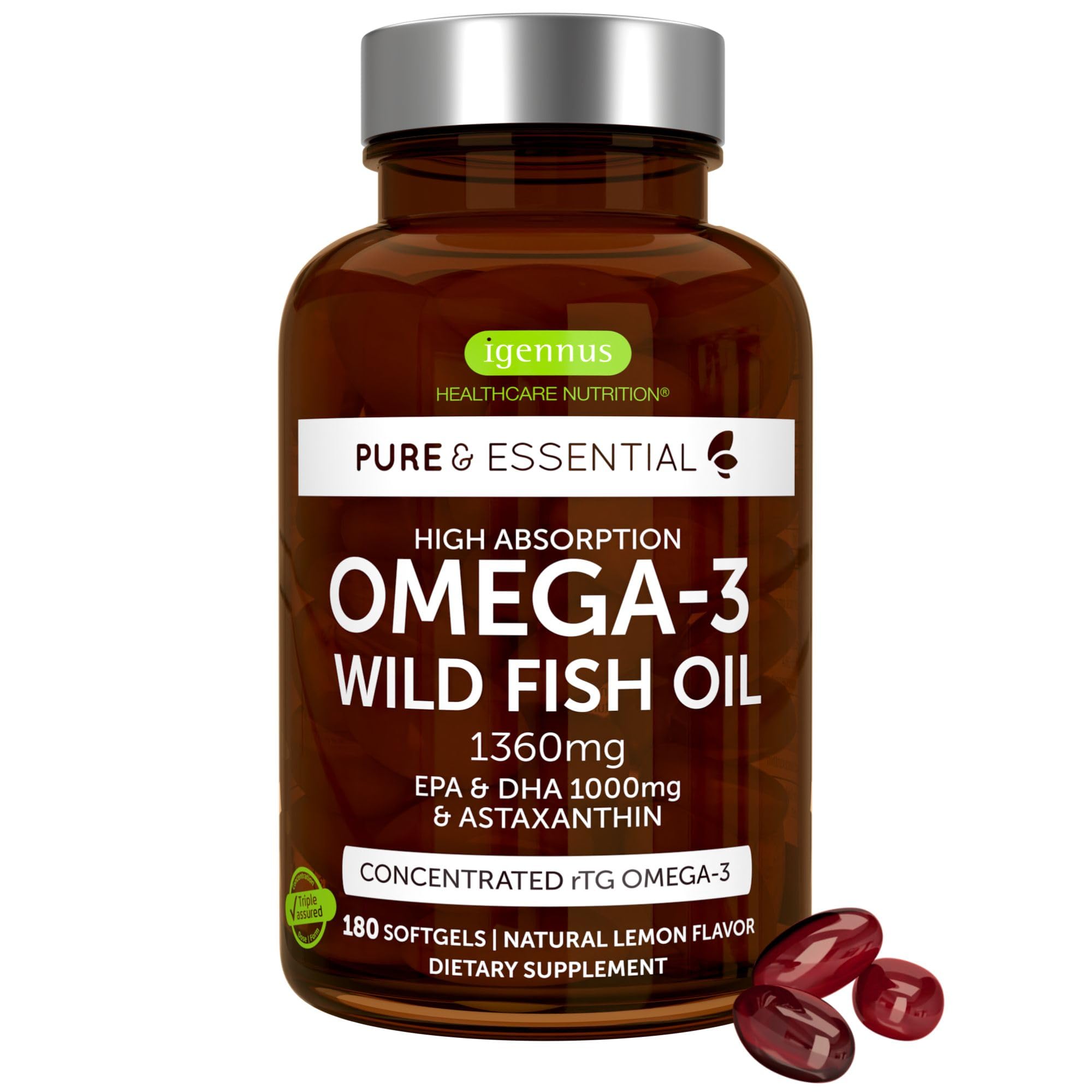 Igennus Ultra Pure Omega 3 rTG Wild Fish Oil 1360mg, 180 Softgels | IFOS-certified EPA DHA 1000mg,ultra-pure high-absorption omega-3 with astaxanthin, non-GMO, 90 servings