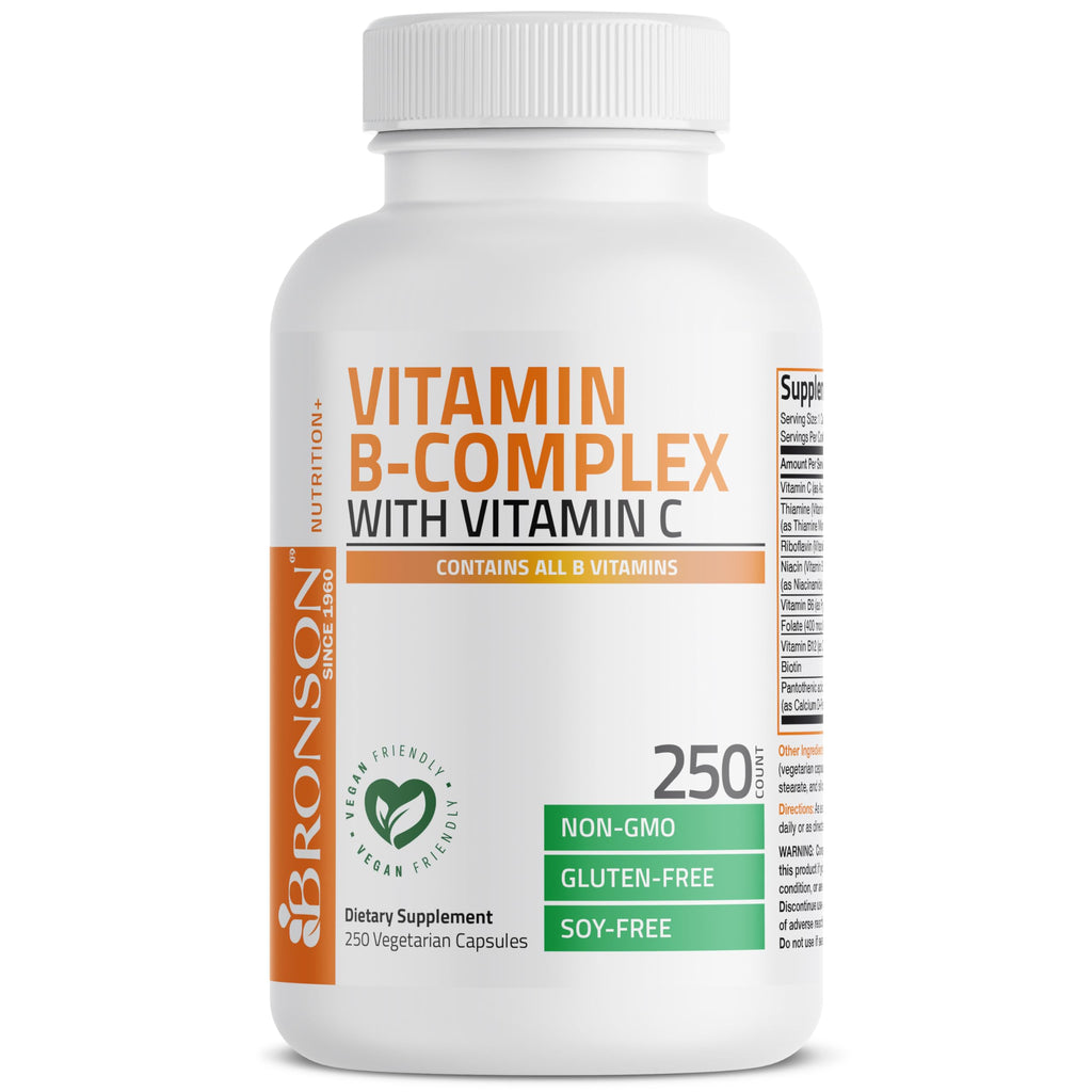 Bronson Vitamin B Complex with Vitamin C Vegetarian Capsules, 250 Count | Immune Health, Energy Support, Nervous System Support, Non-GMO, Soy-Free, Gluten-Free, Contains All B Vitamins
