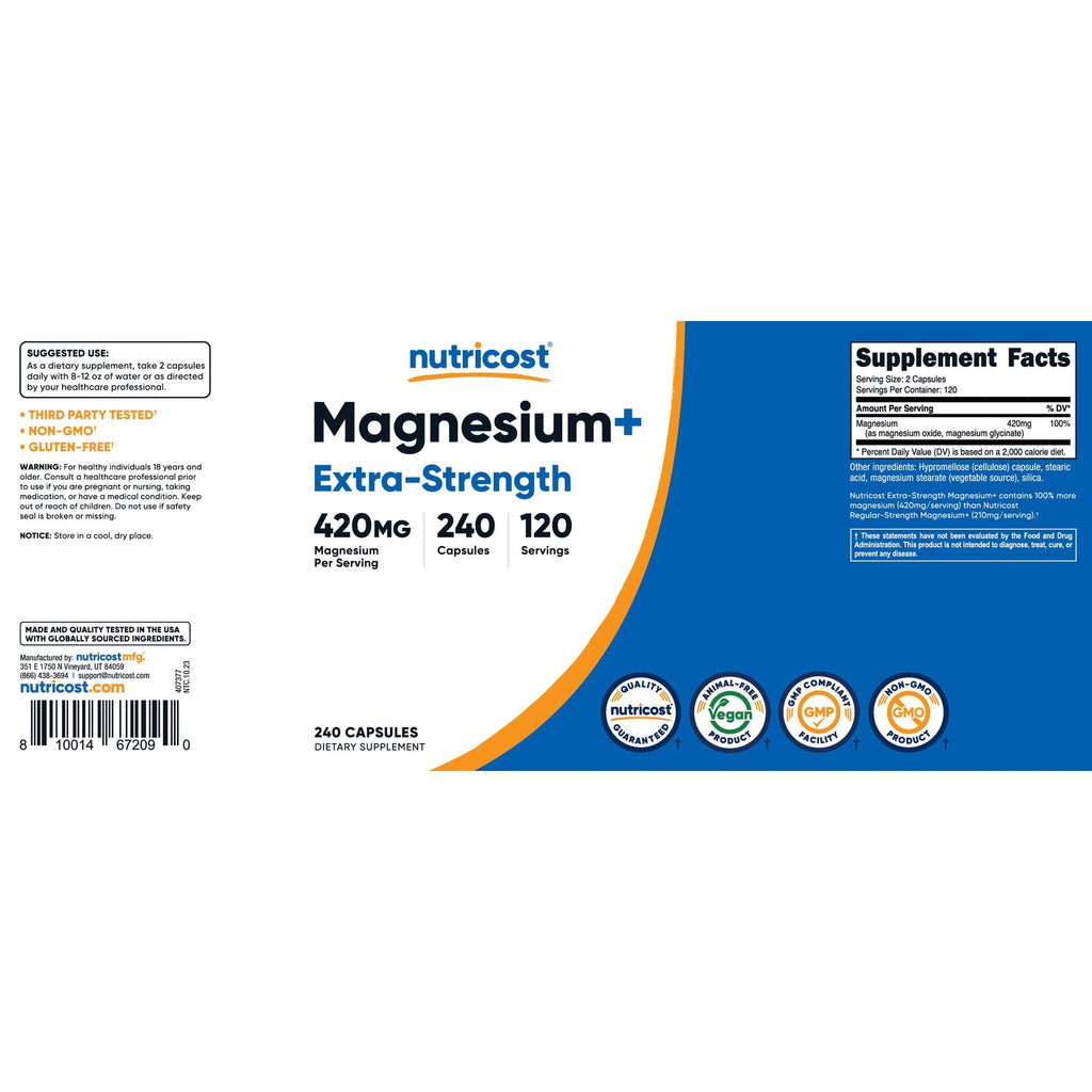 Nutricost Magnesium+ Extra Strength 420mg, 240 Capsules - 120 Servings. Magnesium Oxide and Glycinate - Non-GMO, Gluten Free, Vegan Friendly (Pack of 2)