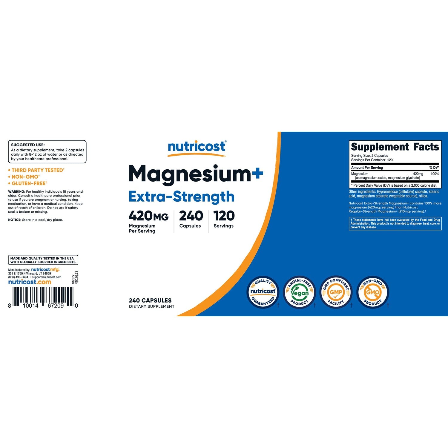Nutricost Magnesium+ Extra Strength 420mg, 240 Capsules - 120 Servings. Magnesium Oxide and Glycinate - Non-GMO, Gluten Free, Vegan Friendly (Pack of 2)