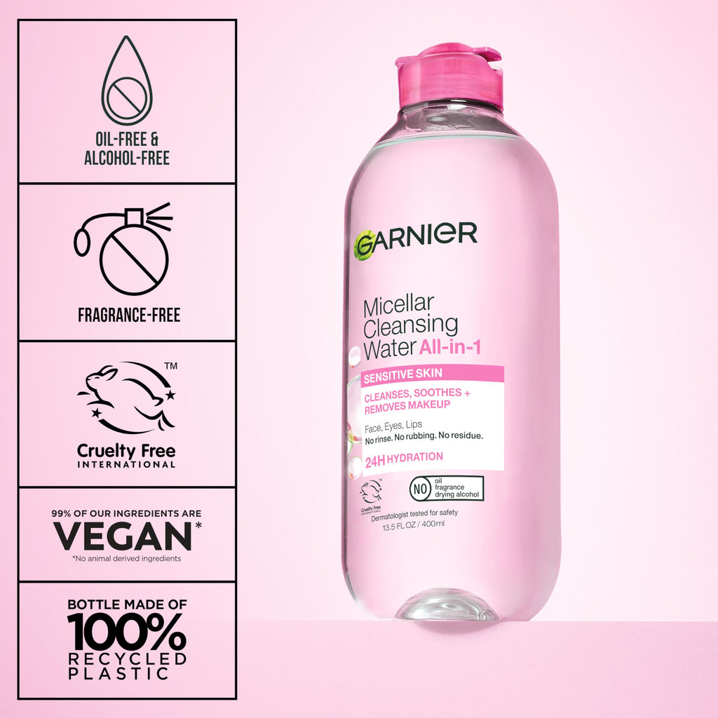 Garnier Micellar Water, Hydrating Facial Cleanser & Makeup Remover, Suitable for Sensitive Skin, Vegan, Cruelty Free, 13.5 Fl Oz (400mL), 1 Count