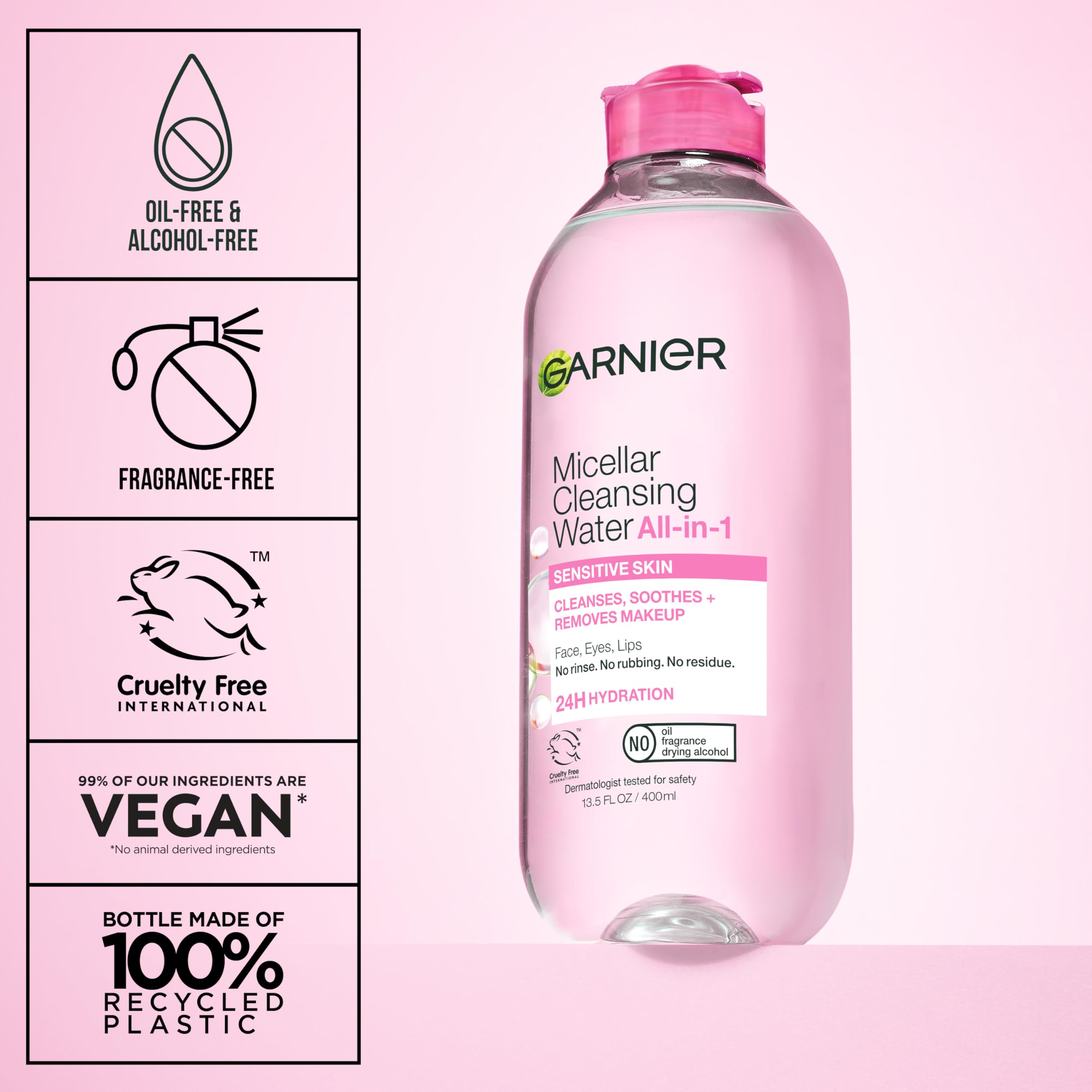 Garnier Micellar Water, Hydrating Facial Cleanser & Makeup Remover, Suitable for Sensitive Skin, Vegan, Cruelty Free, 13.5 Fl Oz (400mL), 1 Count