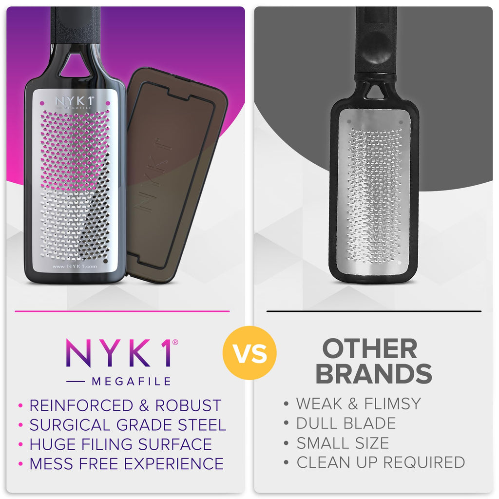 NYK1 RUSTPROOF Foot File Callus Remover for Feet with Catcher | XL Size | MegaFile Hard Skin Remover Foot Scraper for Wet and Dry Use - Non-Slip Textured Grip for Smooth, Soft & Callus-Free Feet