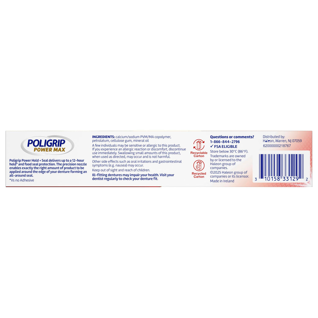 Poligrip Power Max Hold Plus Seal Denture Adhesive Cream, Secure Fit and Food Protection, No Flavor, 2.2 Oz, 4 Count