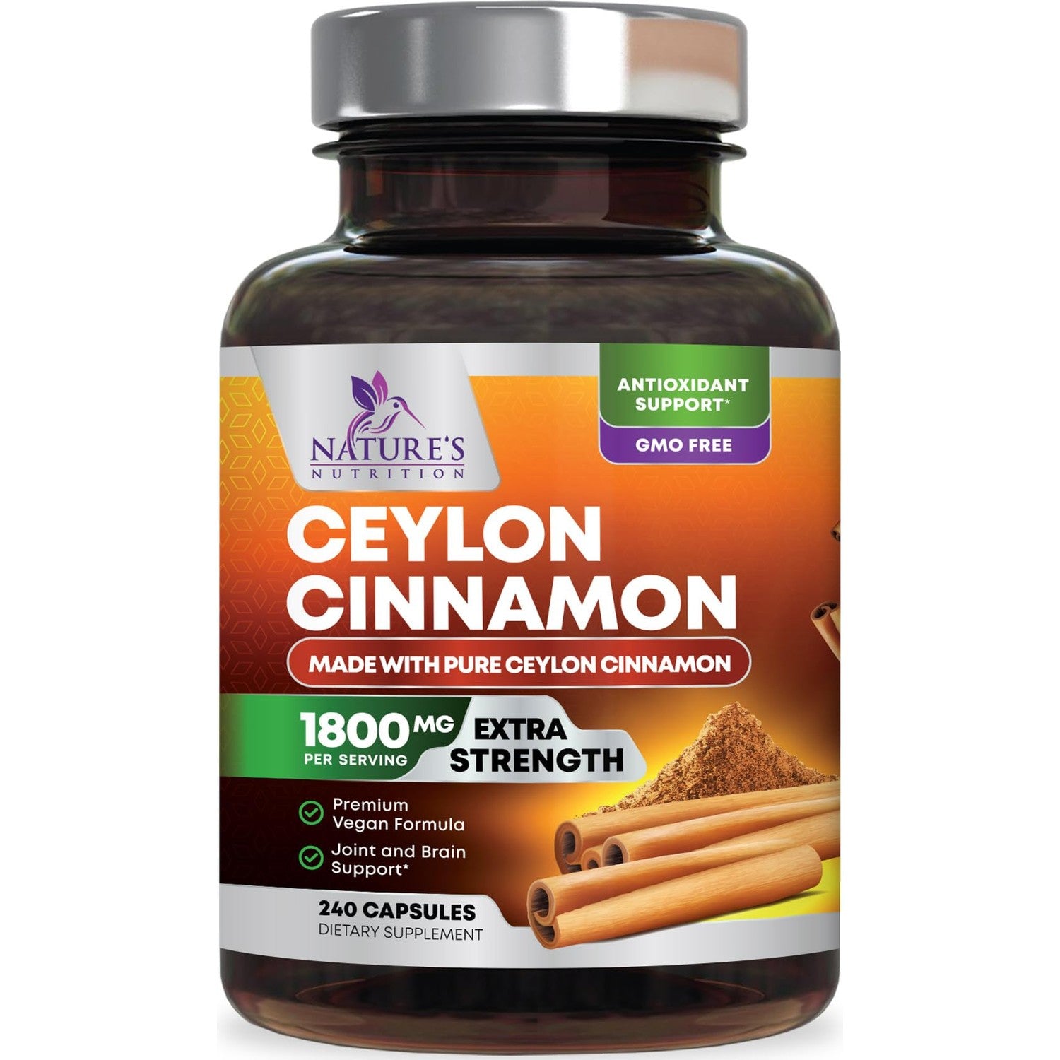 Organic Ceylon Cinnamon Capsules - Extra Strength Certified Organic Ceylon Cinnamon Supplement 1800mg Per Serving - Energy & Heart Support Antioxidant Pill for Women & Men, Bottled USA - 120 Capsules