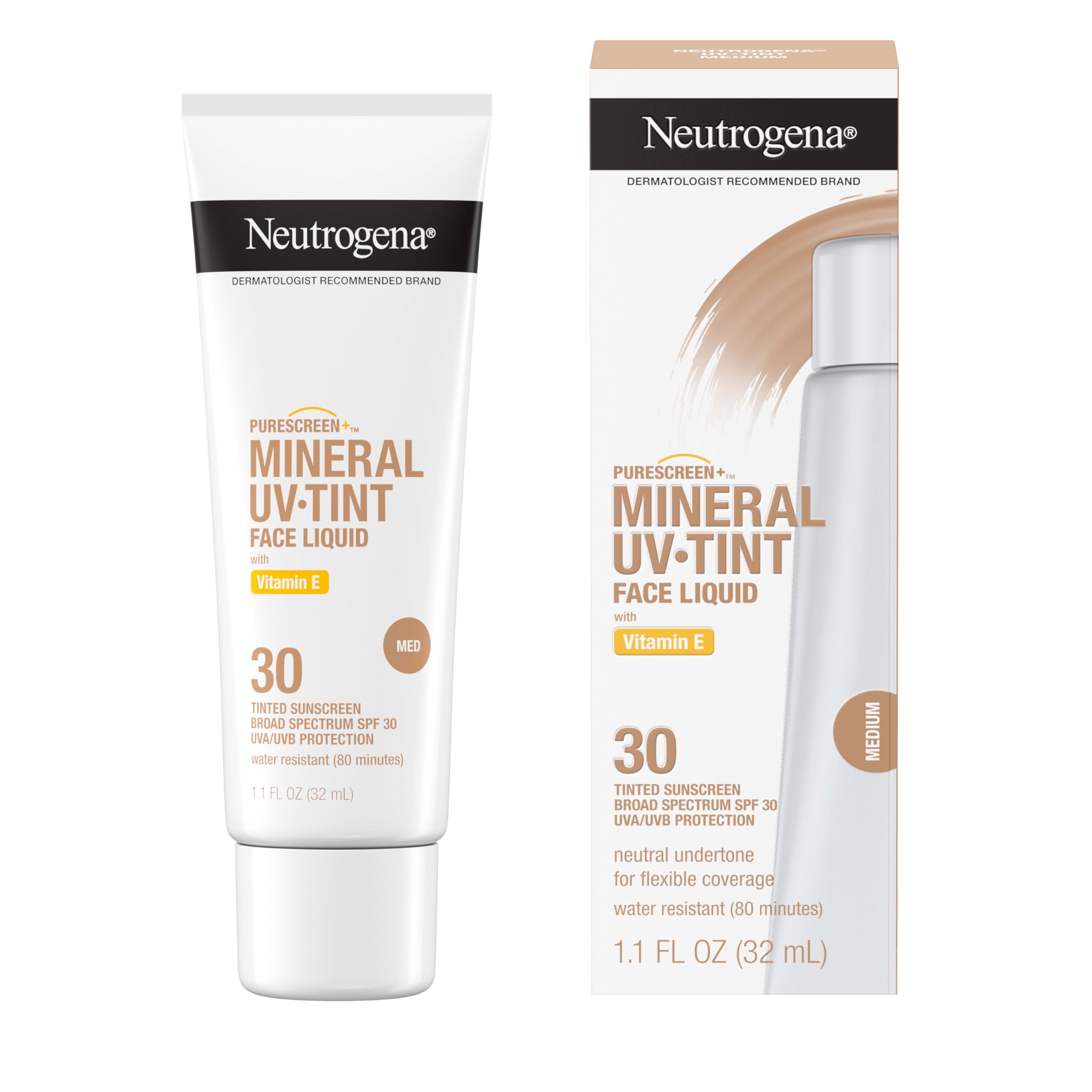 Buy now Neutrogena Purescreen+ Tinted Sunscreen for Face with SPF 30, Broad Spectrum Mineral Sunscreen with Zinc Oxide and Vitamin E, Water Resistant, Fragrance Free, Medium, 1.1 fl oz at indiglob india