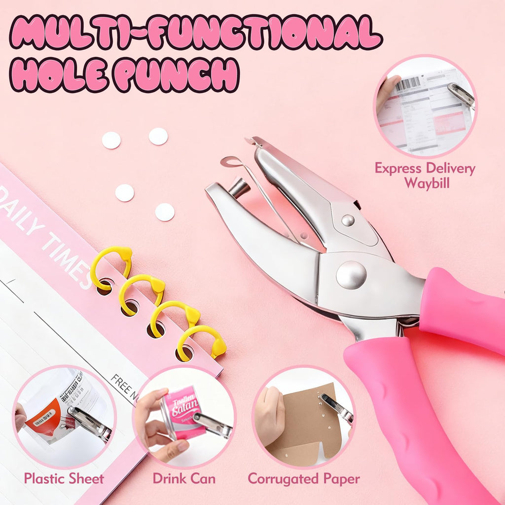 Single Hole Punch, 2 Pcs 1/4" and 1/8" Hole Puncher with Pink Soft Grip
