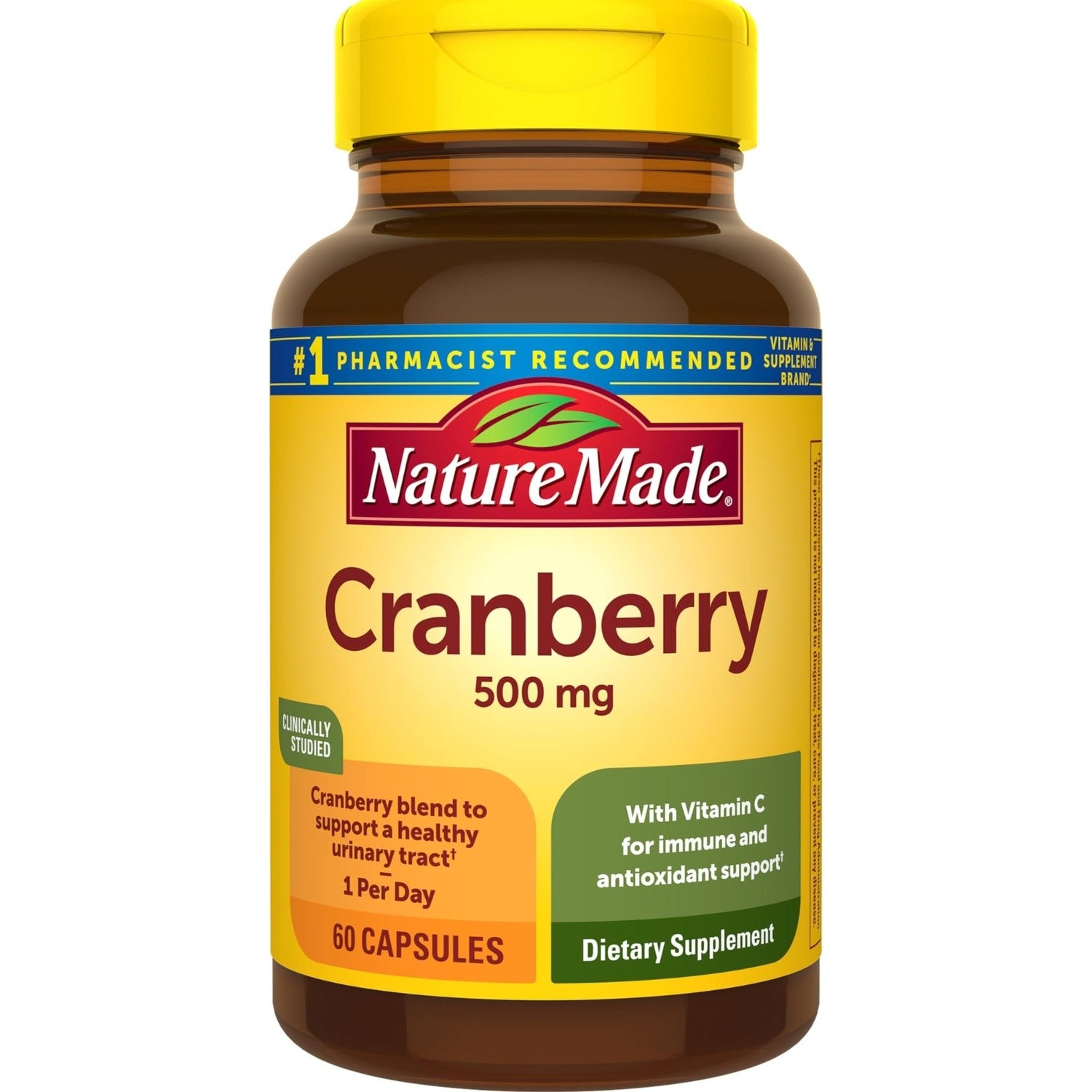 Nature Made Cranberry Supplement 500mg with Vitamin C, 60 Capsules | Cranberry Blend for Urinary Tract Health, For Immune & Antioxidant Support, Gluten Free, One Per Day, 60 Day Supply