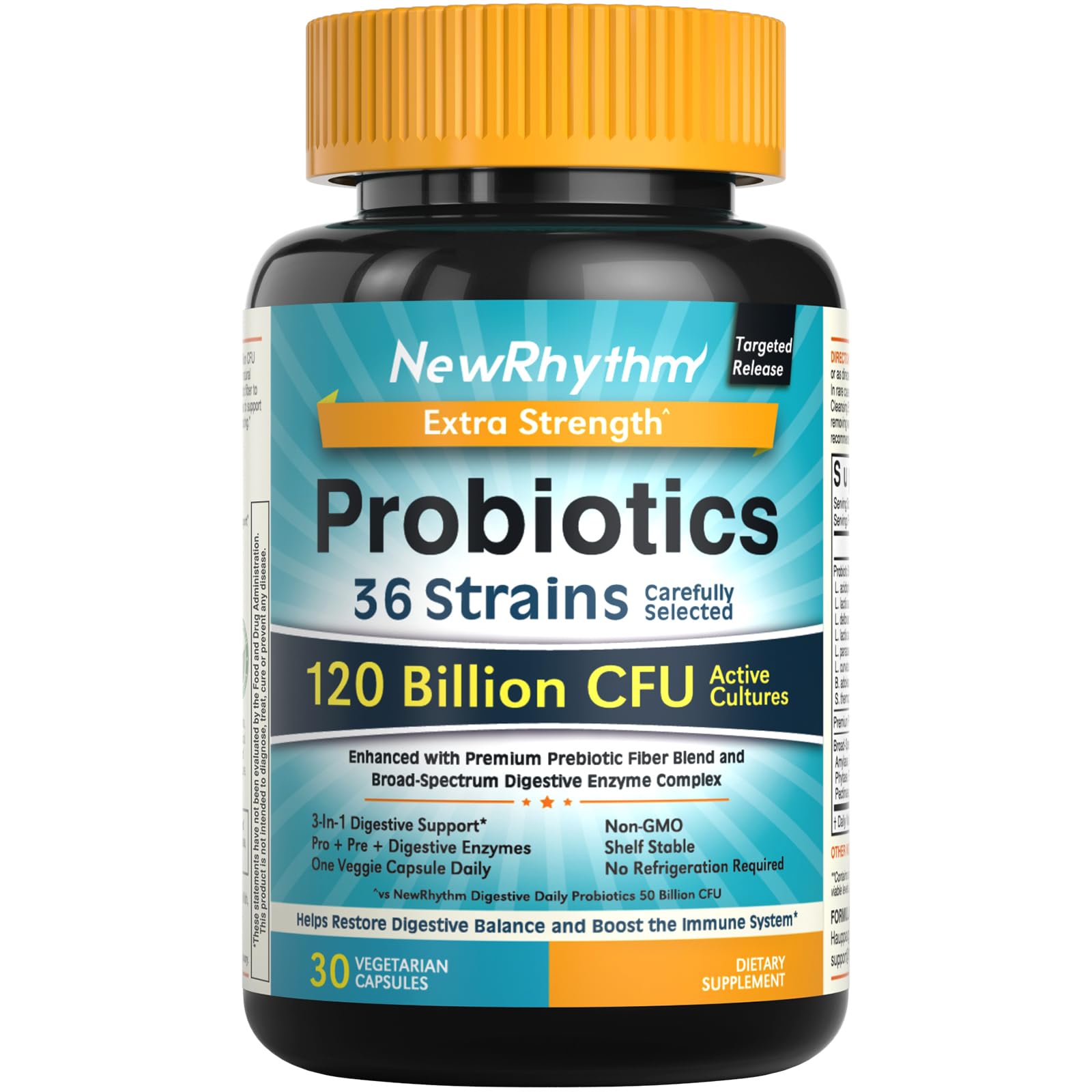 Probiotics 120 Billion CFU 36 Strains 3-in-1 with Prebiotics & Enzymes 60ct | NewRhythm Probioticos for Women & Men, Vegan Targeted Release Probiotic Supplement