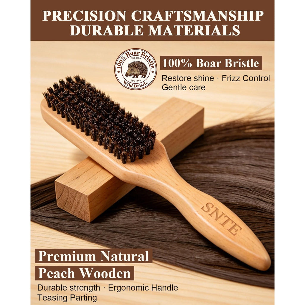 100% Boar Bristle Slick Back Hair Brush | Natural Peach Wood Handle | Restores Shine, Controls Frizz, Smooths Flyaways | Teasing Adds Volume Styling Tool | For Sleek Ponytails, Buns & Beard Grooming