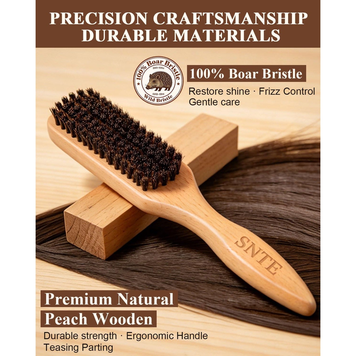 100% Boar Bristle Slick Back Hair Brush | Natural Peach Wood Handle | Restores Shine, Controls Frizz, Smooths Flyaways | Teasing Adds Volume Styling Tool | For Sleek Ponytails, Buns & Beard Grooming