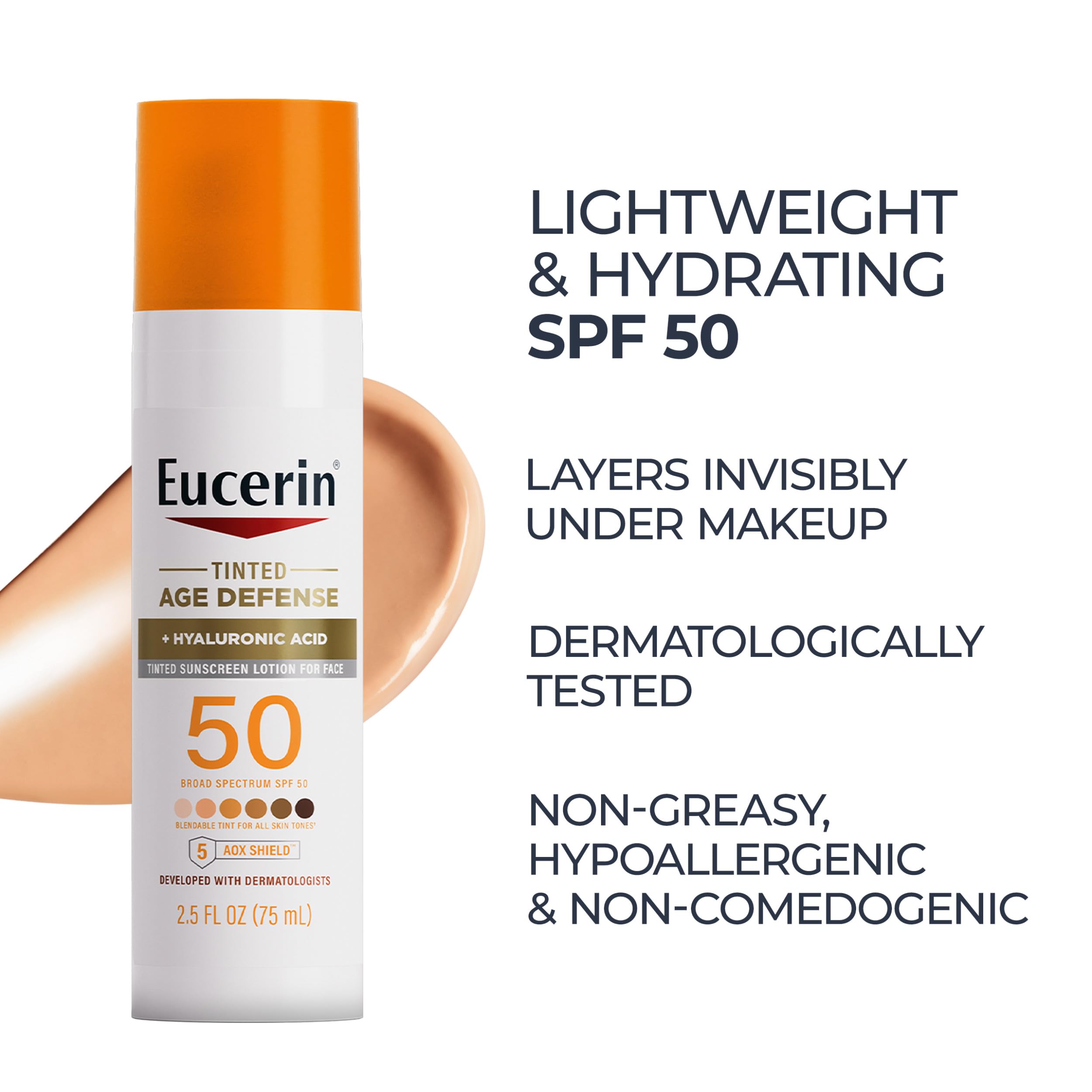 Eucerin Sun Age Defense Tinted Face Lotion SPF 50, 2.5 FL OZ | Universal Tinted Sunscreen for Face with Hyaluronic Acid, Non Comedogenic Facial Lotion, Fragrance Free
