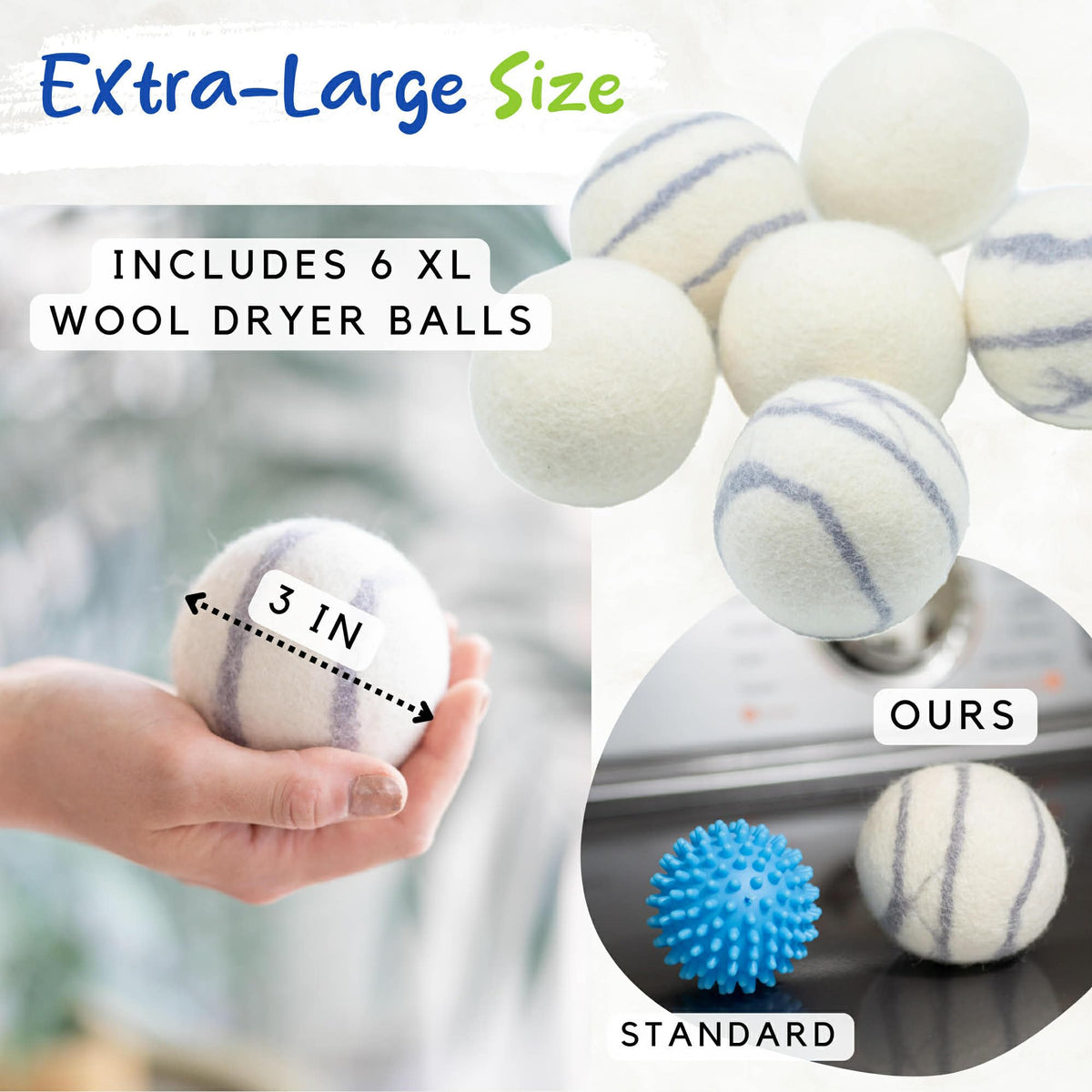 Organic Wool Dryer Balls Laundry Reusable (Set of 6) XL - 100% Pure New Zealand Wool - Natural Anti Static Fabric Softener Balls