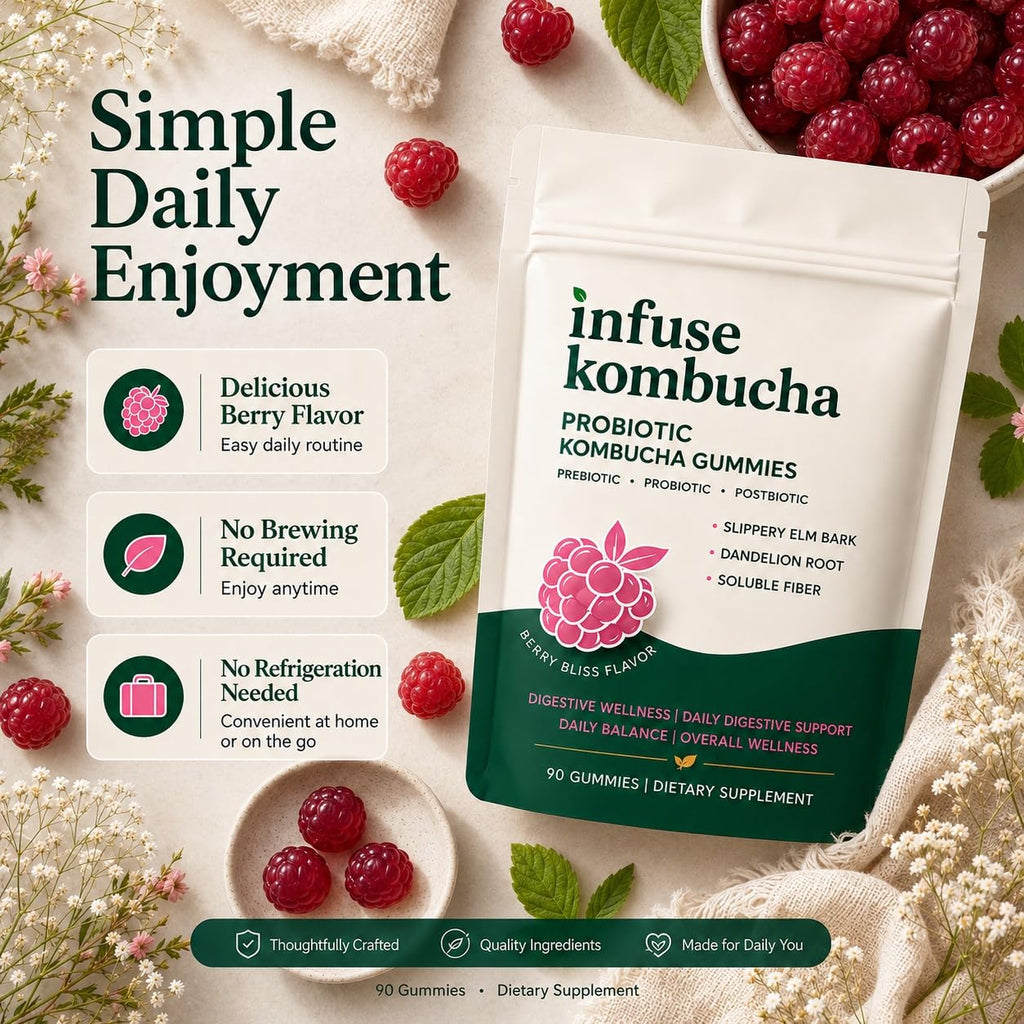 infuse Probiotic Kombucha Gummies, 90 Gummies, for Throat Clearing Bloating, Gut Health for Women, Fiber Gummies, Prebiotics and Probiotics for Women, Slippery Elm, Dandelion Root, MCT Oil