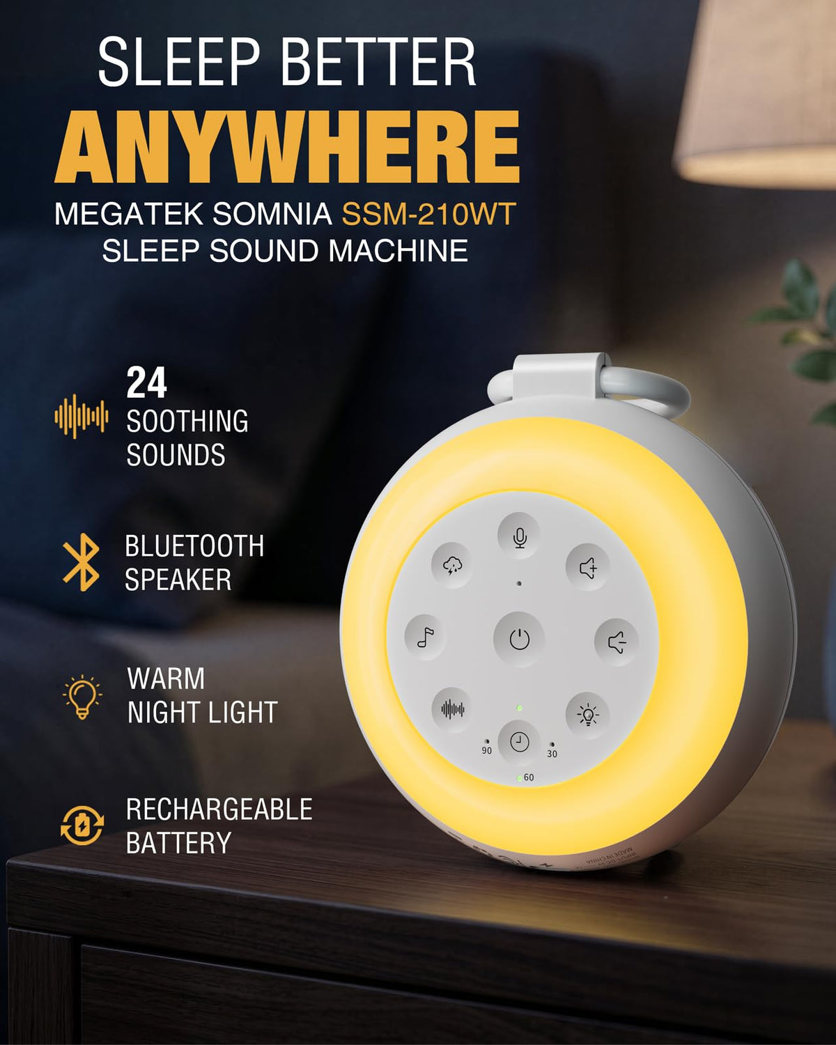 MEGATEK Portable Sound Machine, White Noise Machine for Sleeping