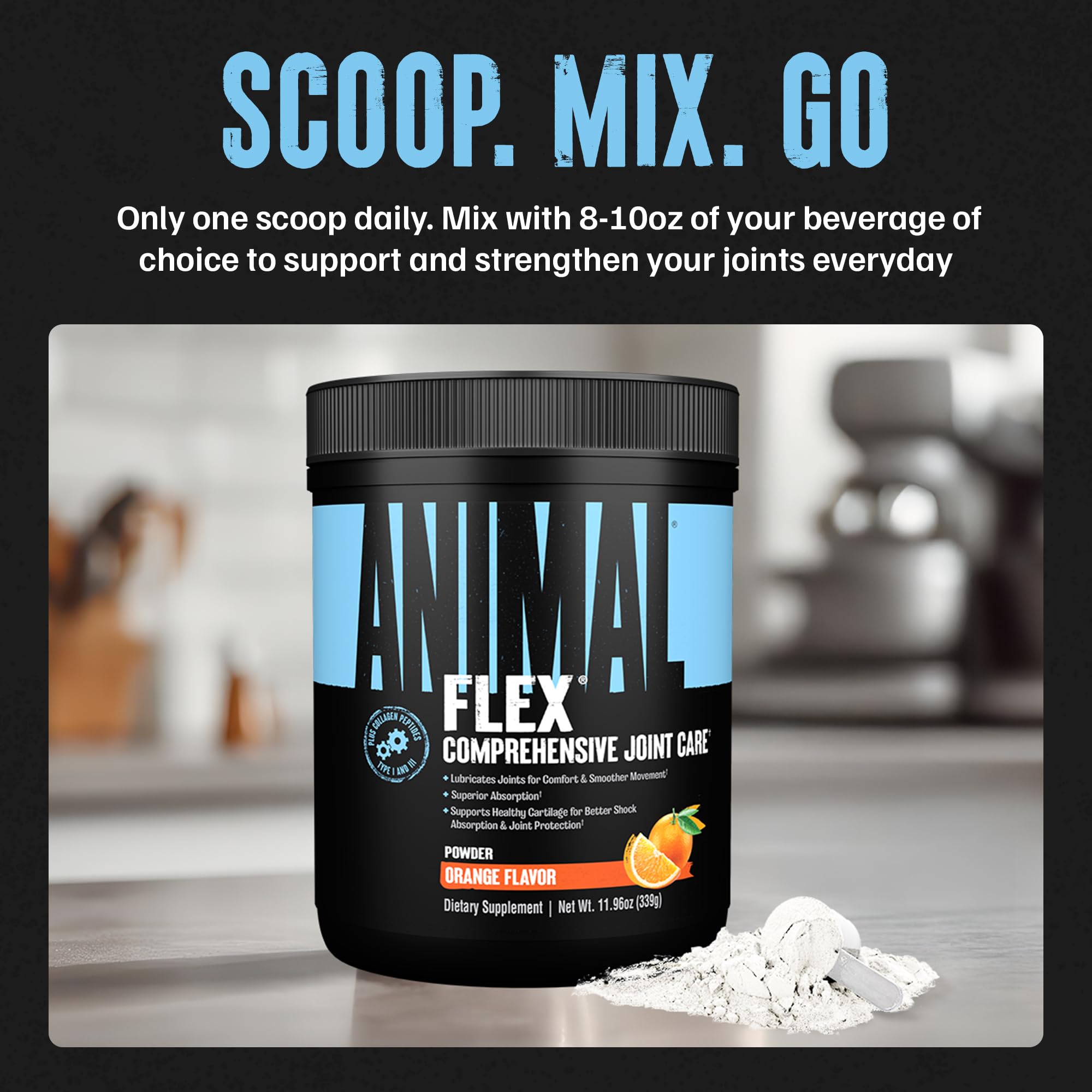 Animal Flex Powder - Joint Support Supplement for Pain Relief, Repair and Restore Muscles with Turmeric, Glucosamine, Chondroitin, MSM, Collagen and Boswellia, Great Tasting Orange Flavor, 30 Scoops
