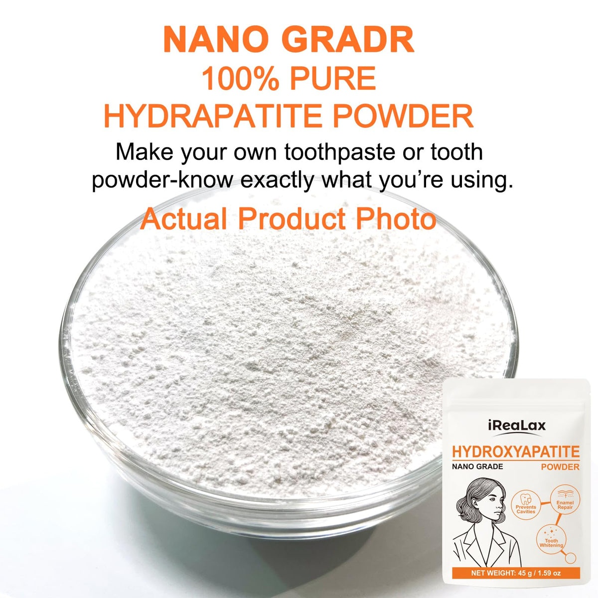 100% Pure Nano Hydroxyapatite Powder 45g (1.59 oz) | Nano Grade unflavored Hydroxyapatite Crystals for Teeth | DIY Formulations | nanohydroxyapatite Bulk