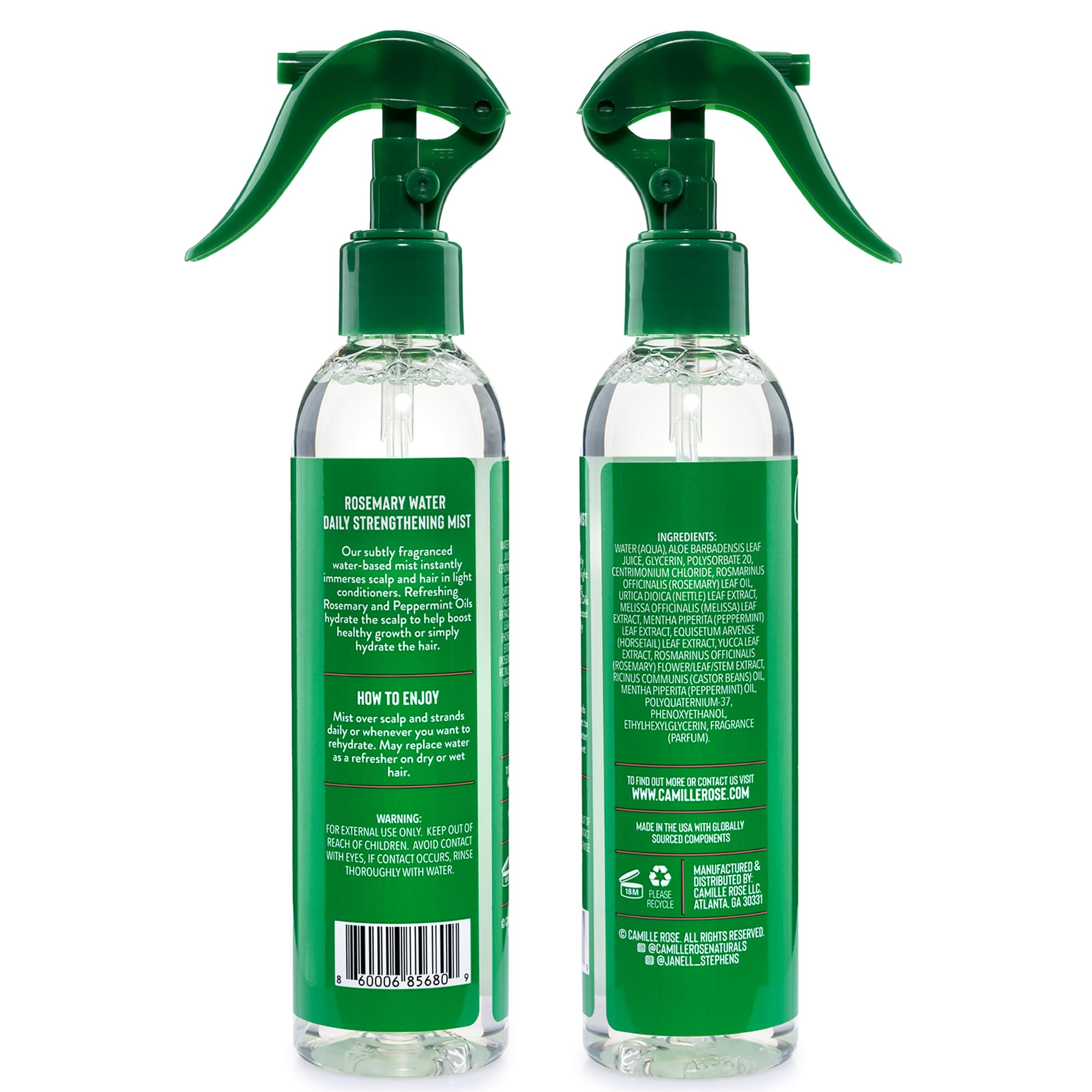 Camille Rose Rosemary Water Strengthening Hair Mist, 2-Pack, 8 Oz Ea | Daily Rosemary Water Mist with Peppermint & Aloe Vera to Strengthen, Hydrate & Refresh Hair and Scalp